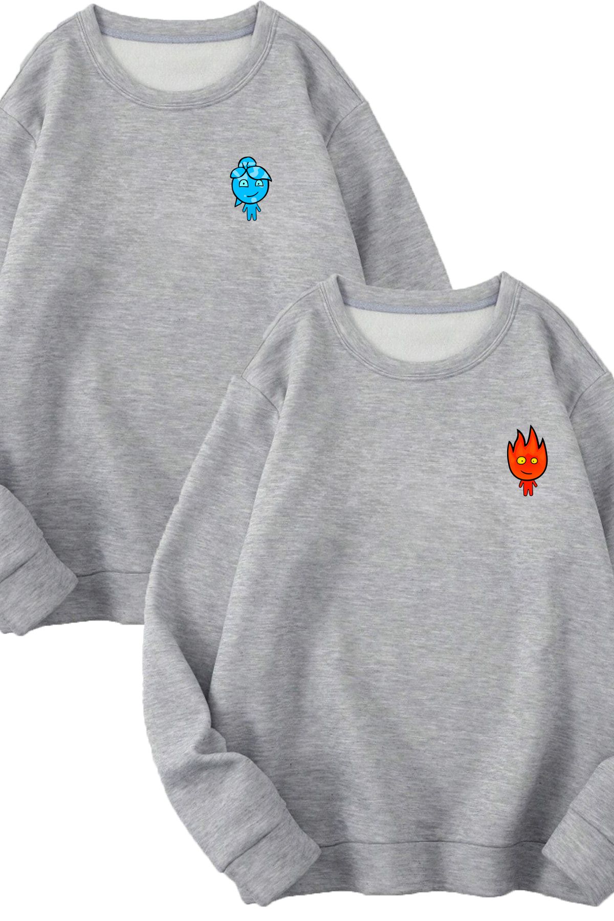 Boi 2'Li Ateş Ve Su Sweatshirt - Gri Baskılı Oversize Sweatshirt Bisiklet Yaka