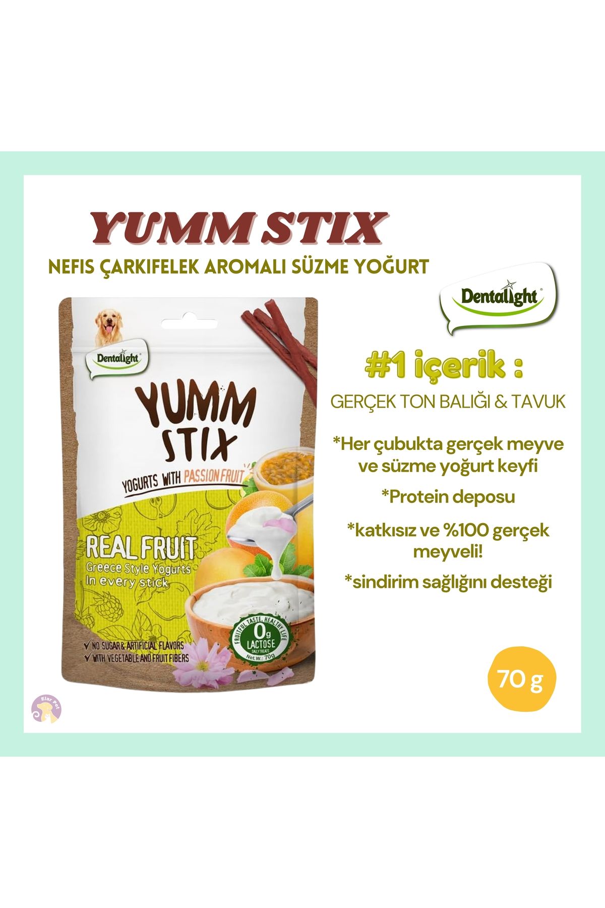 DENTALIGHT Yumm Stix Gerçek ton balığı, Tutku Meyveli & Yoğurtlu Yumuşak Köpek Ödülü, Bağışıklık Destekli (70g)