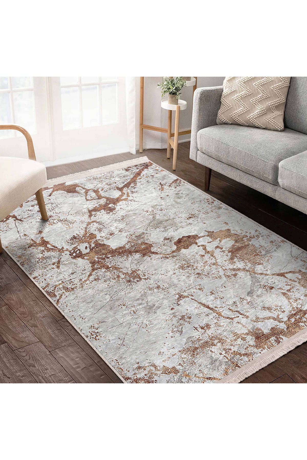 Realhomes Beyaz – Altın Renkli Marbling Desenli Modern Salon Halısı - Yıkanabilir ve Kaymaz Tabanlı