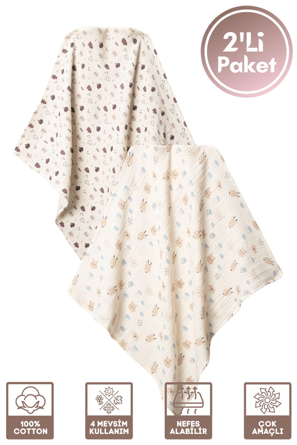 Miniel Unisex Bebek %100 Organik Pamuklu Wood Baskılı Çok Amaçlı Müslin Örtü & Battaniye 2Li Set 75x80 Cm