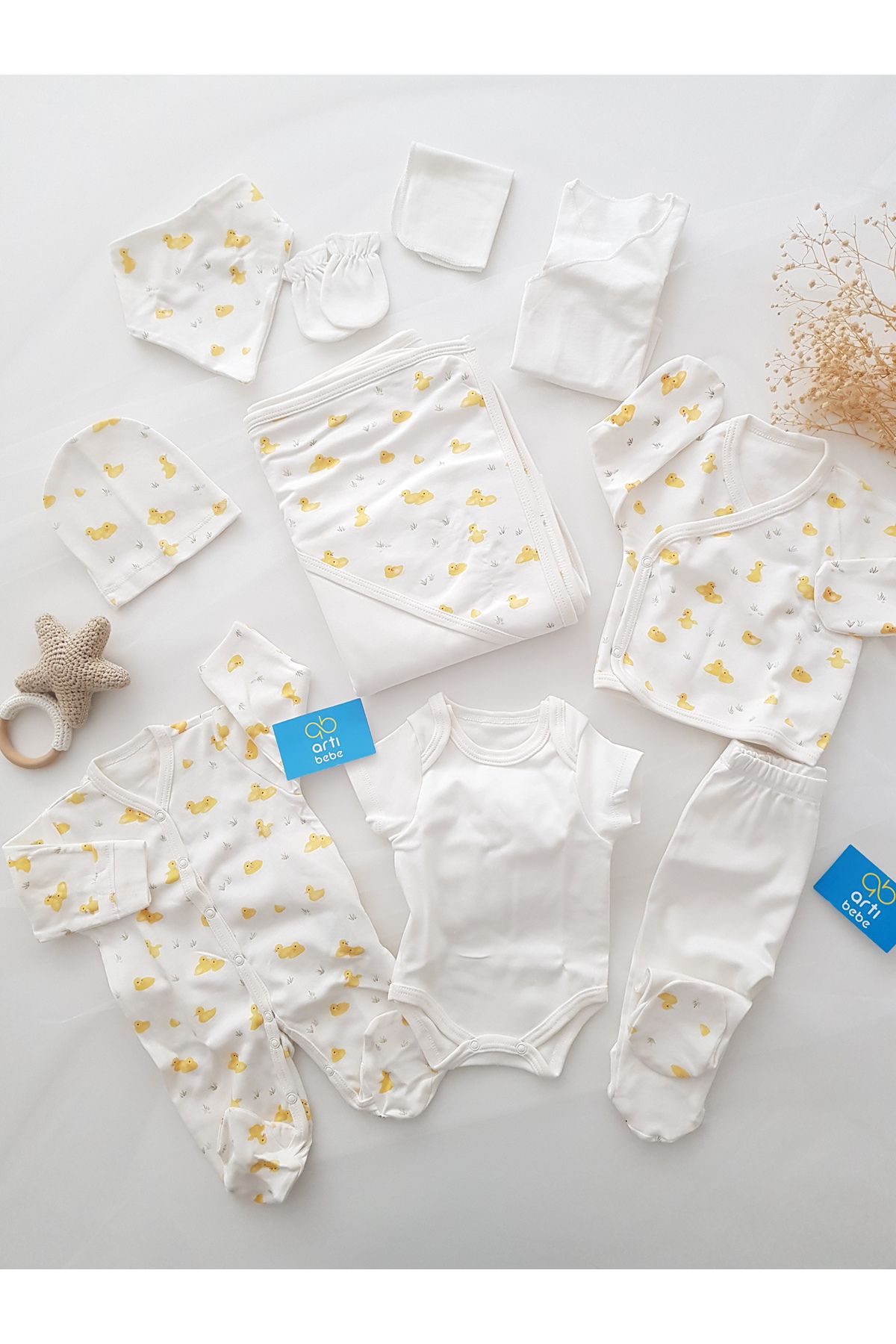 artıbebe Ördekli Yenidoğan 10’lu Hastane Çıkışı Seti | %100 Pamuk Zıbın Takımı | Unisex Bebek Kıyafet Seti
