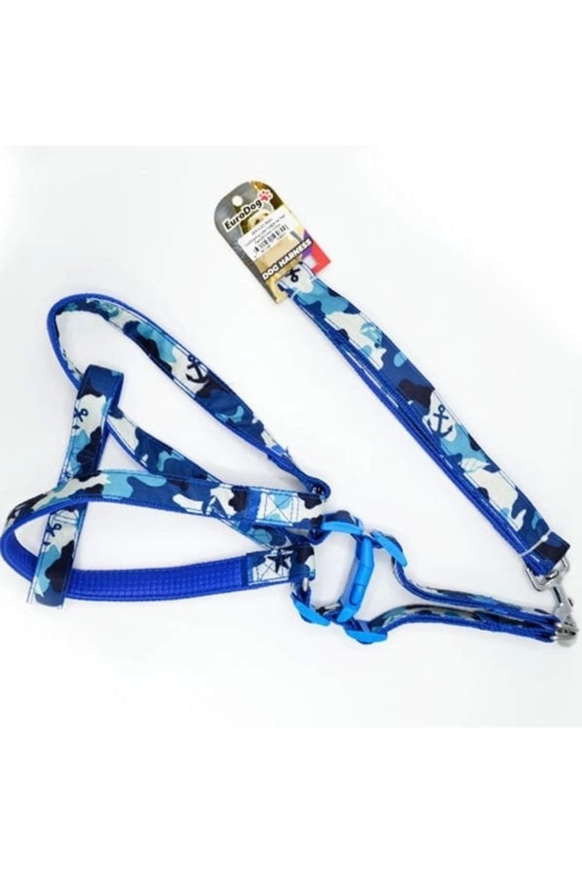ShopNova Euro Dog Köpek Uzatma Tasması ve Göğüs Tasması Takımı Mavi Kamuflaj 25 Mm 120 Cm