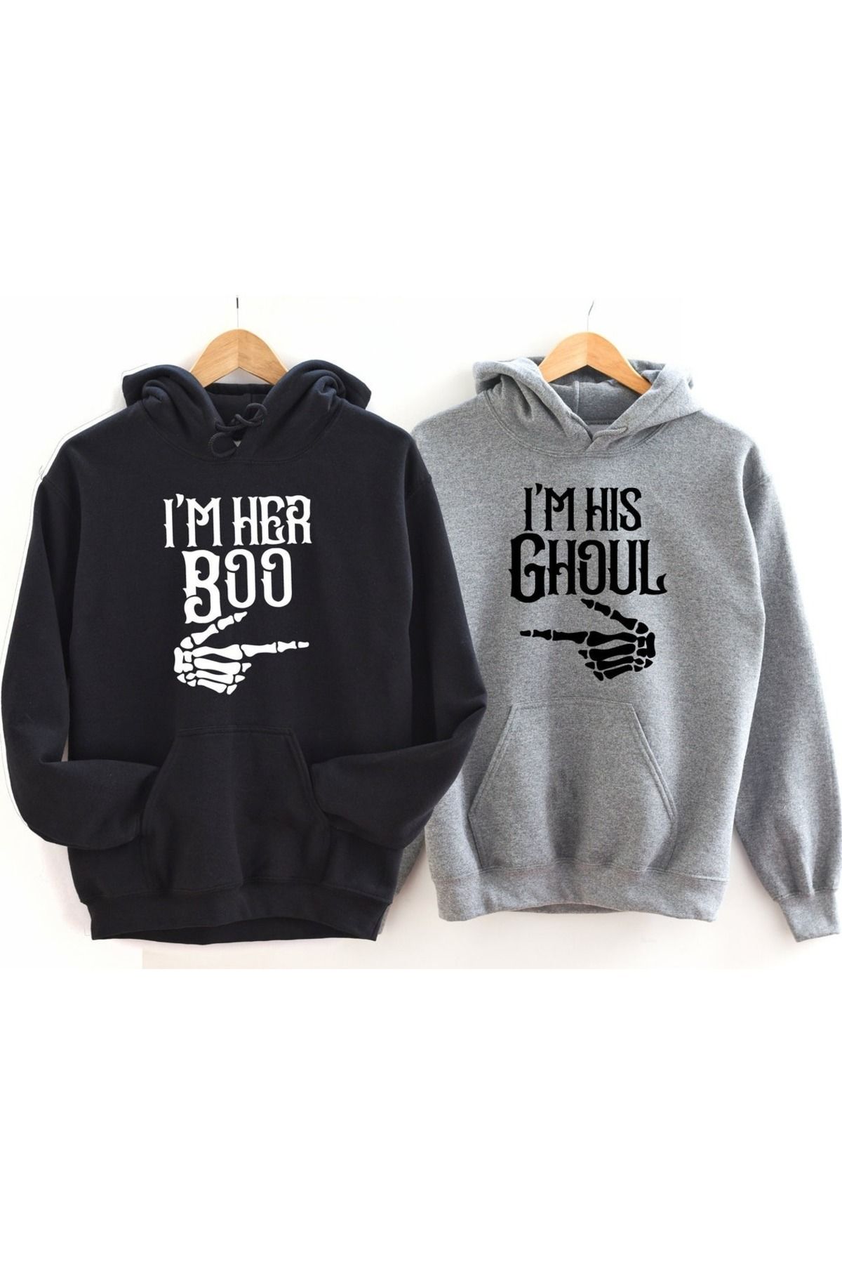 Boi Boo Ghoul Sevgili Çift Kombin - Siyah Gri Baskılı Oversize Kapüşonlu Sweatshirt