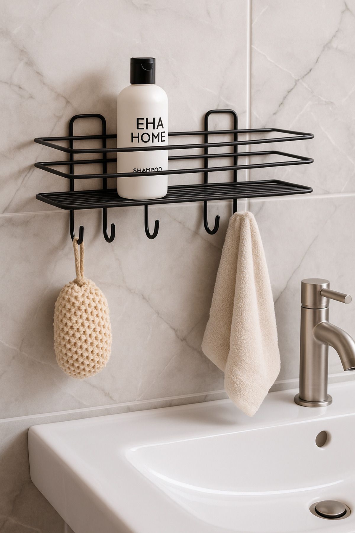 EHA HOME Güçlü yapışkanlı 4 kancalı banyo düzenliyici raf