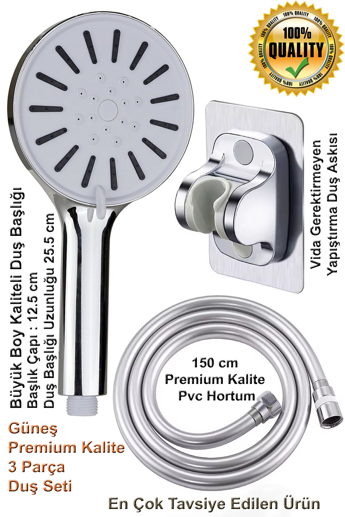 Plodna House Tayzikli 5 Fonksiyonlu Duş Başlığı + 150 cm Dayanıklı PVC Hortum + Yapışkanlı Mafsallı Duş Askısı