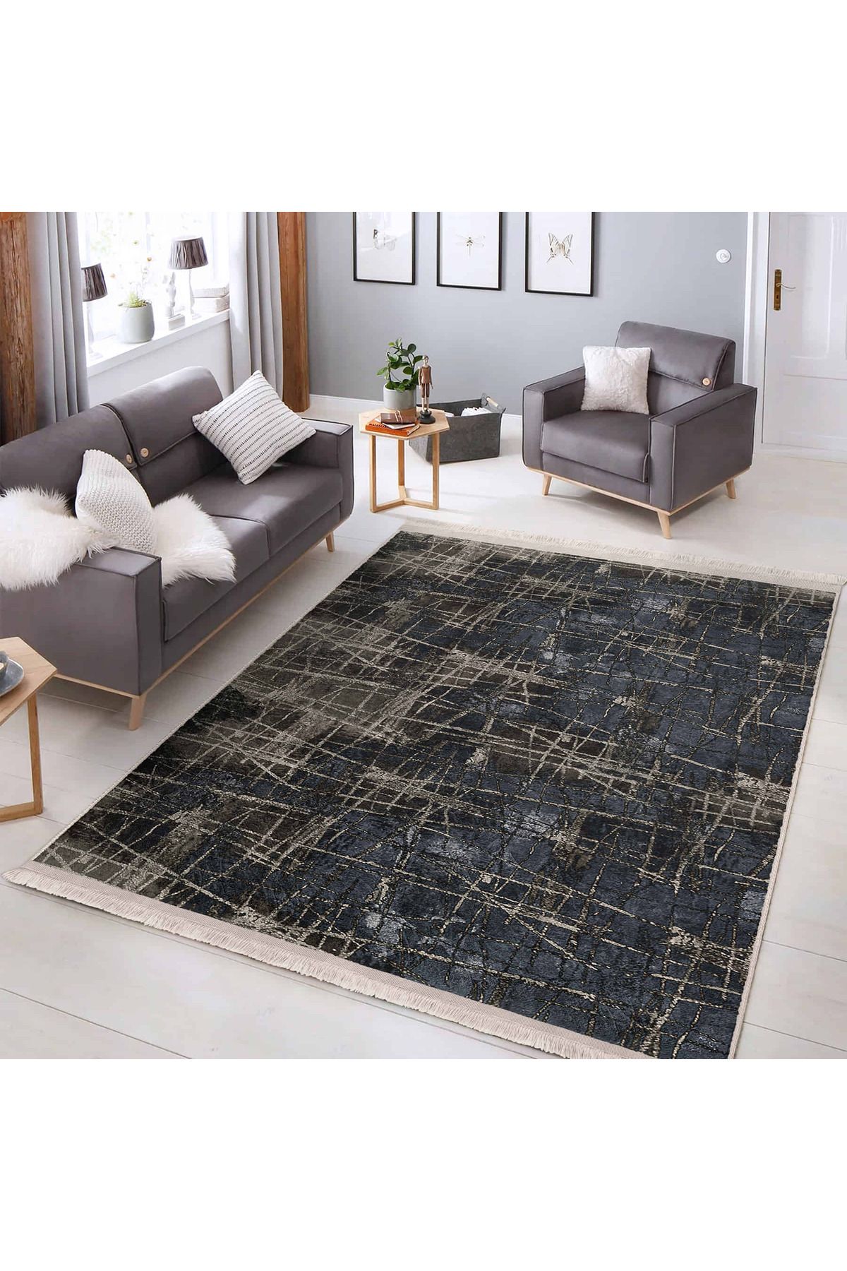 Realhomes Koyu Mavi ve Bej Renklerde Modern Geometrik Desenli Salon Halısı Kaymaz Tabanlı