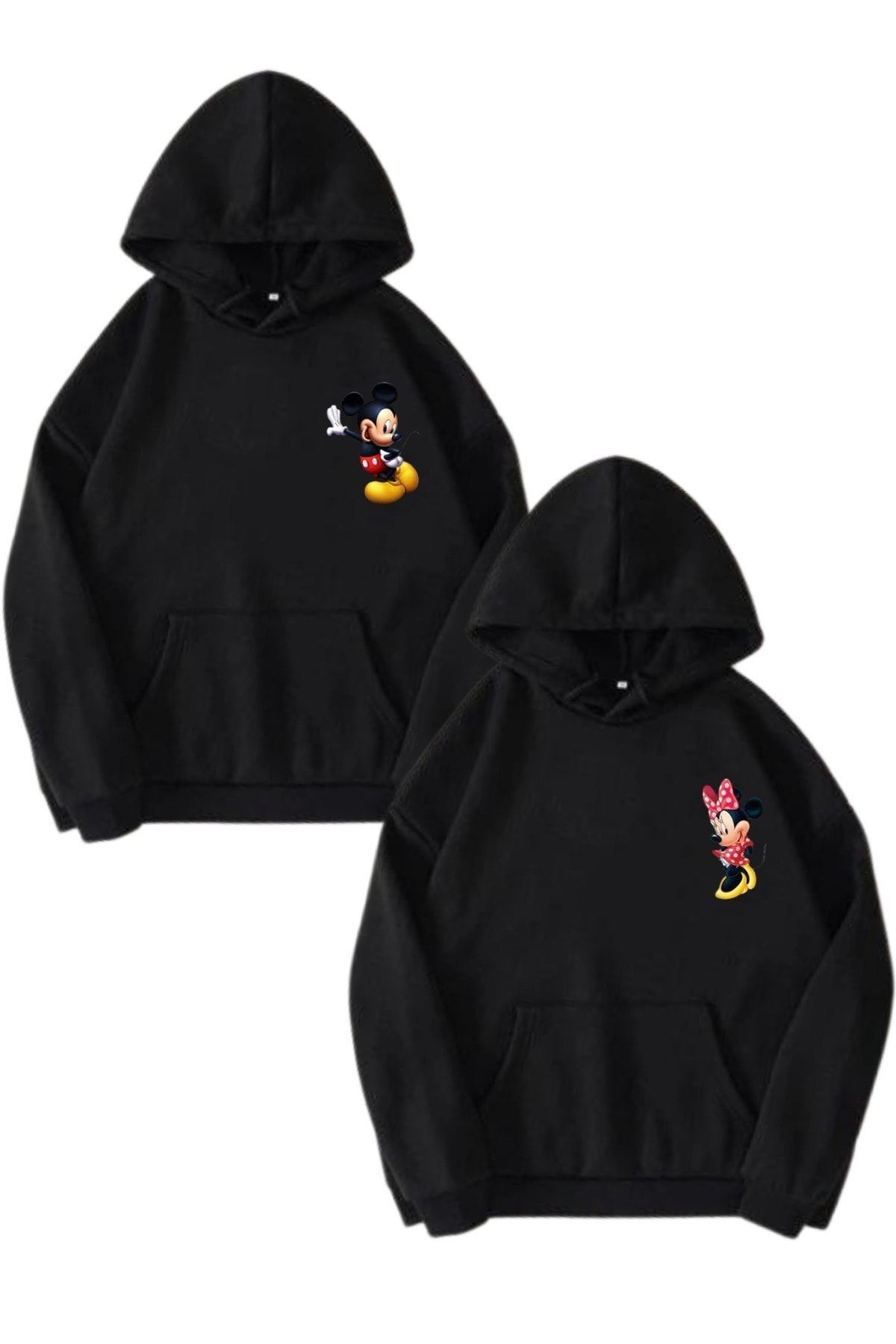 Boi Mickey Minnie Mouse Sevgili Çift Kombin - Siyah Baskılı Oversize Kapüşonlu Sweatshirt