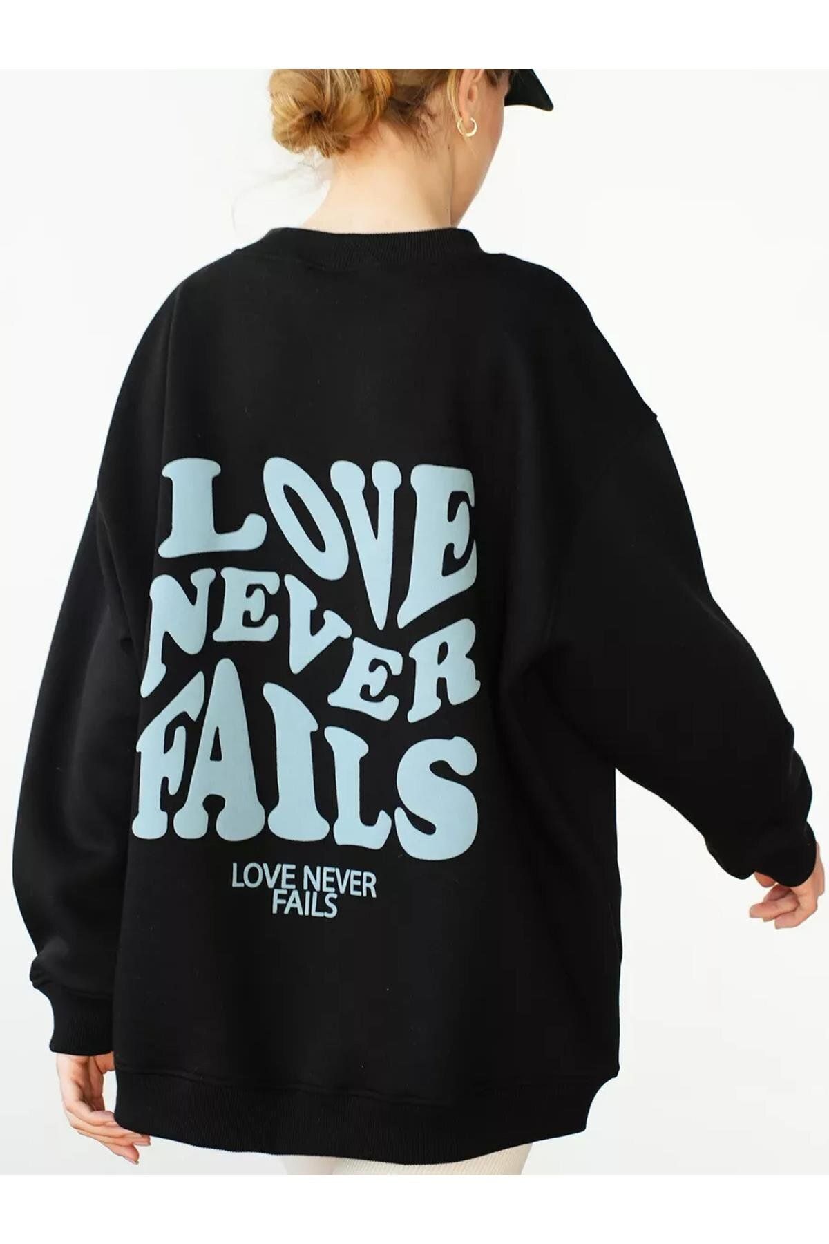 Boi Unisex Love Never Fails Bisiklet Yaka Sweatshirt Siyah