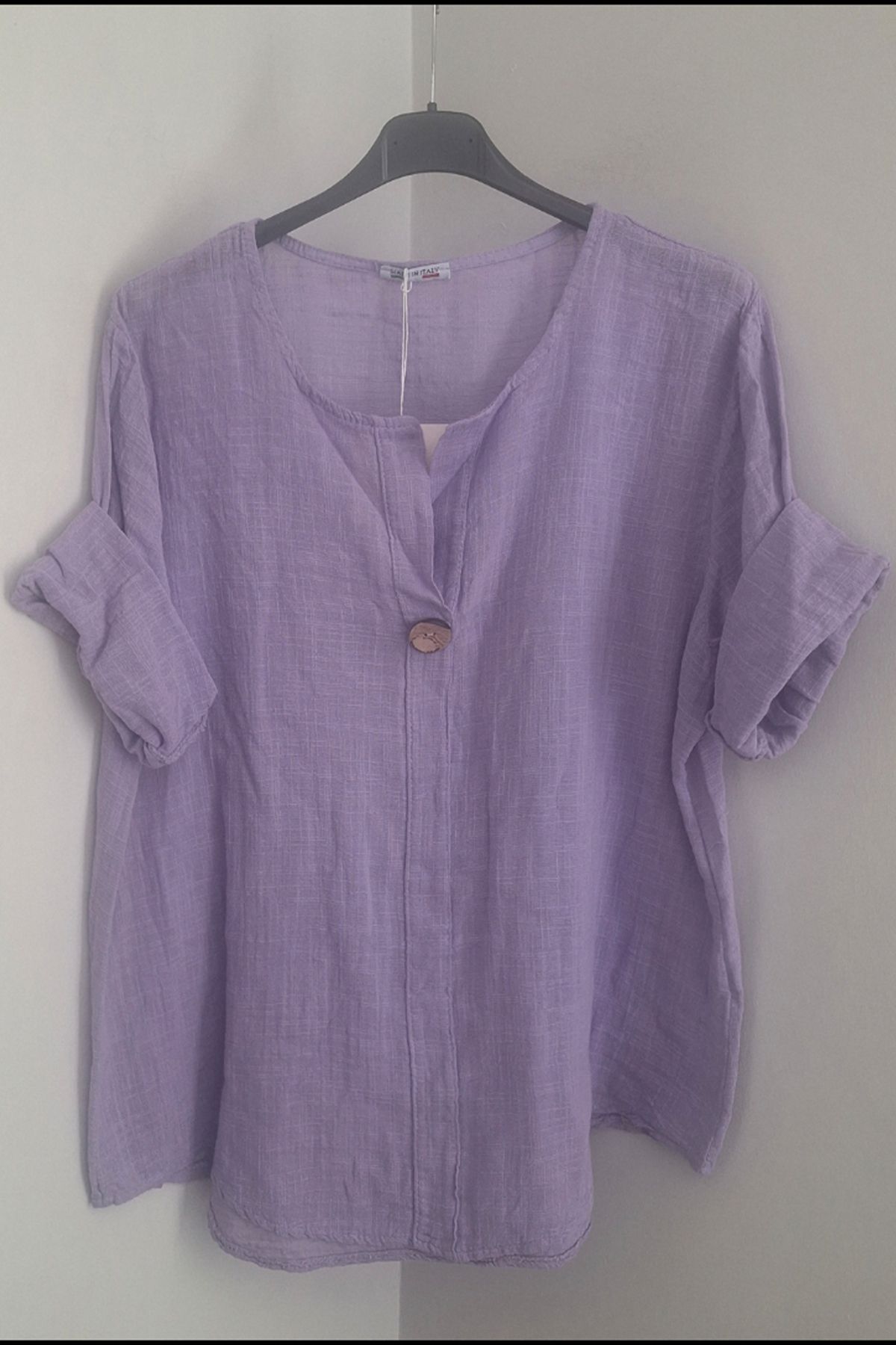 AYASOFYA OTANTIK Kadın Italyan Lila Düğme Detaylı 3/4 Kollu Oversize Salaş %100 Pamuk Bluz Tunik