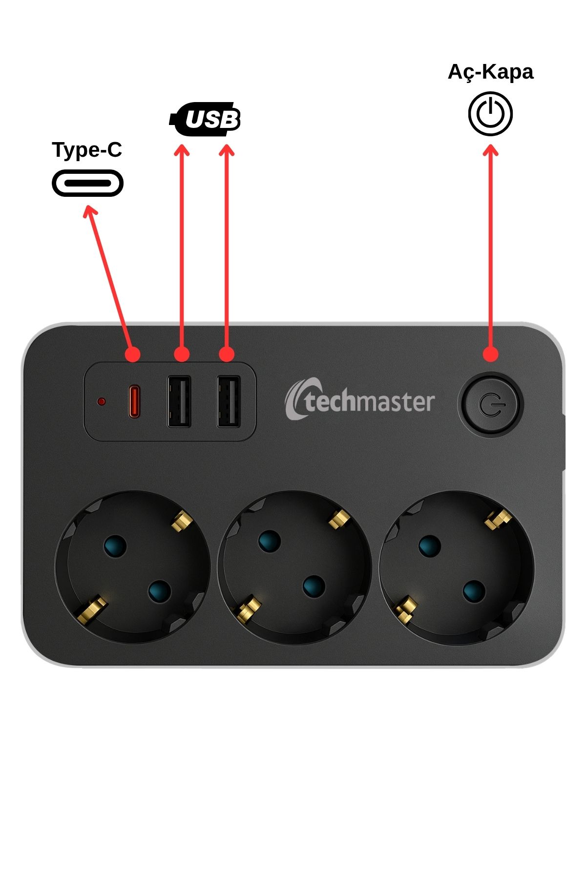 Techmaster-2 USB + Type-C حماية من التيار والحماية للأطفال 3 مقابس مربعة 5mt 4