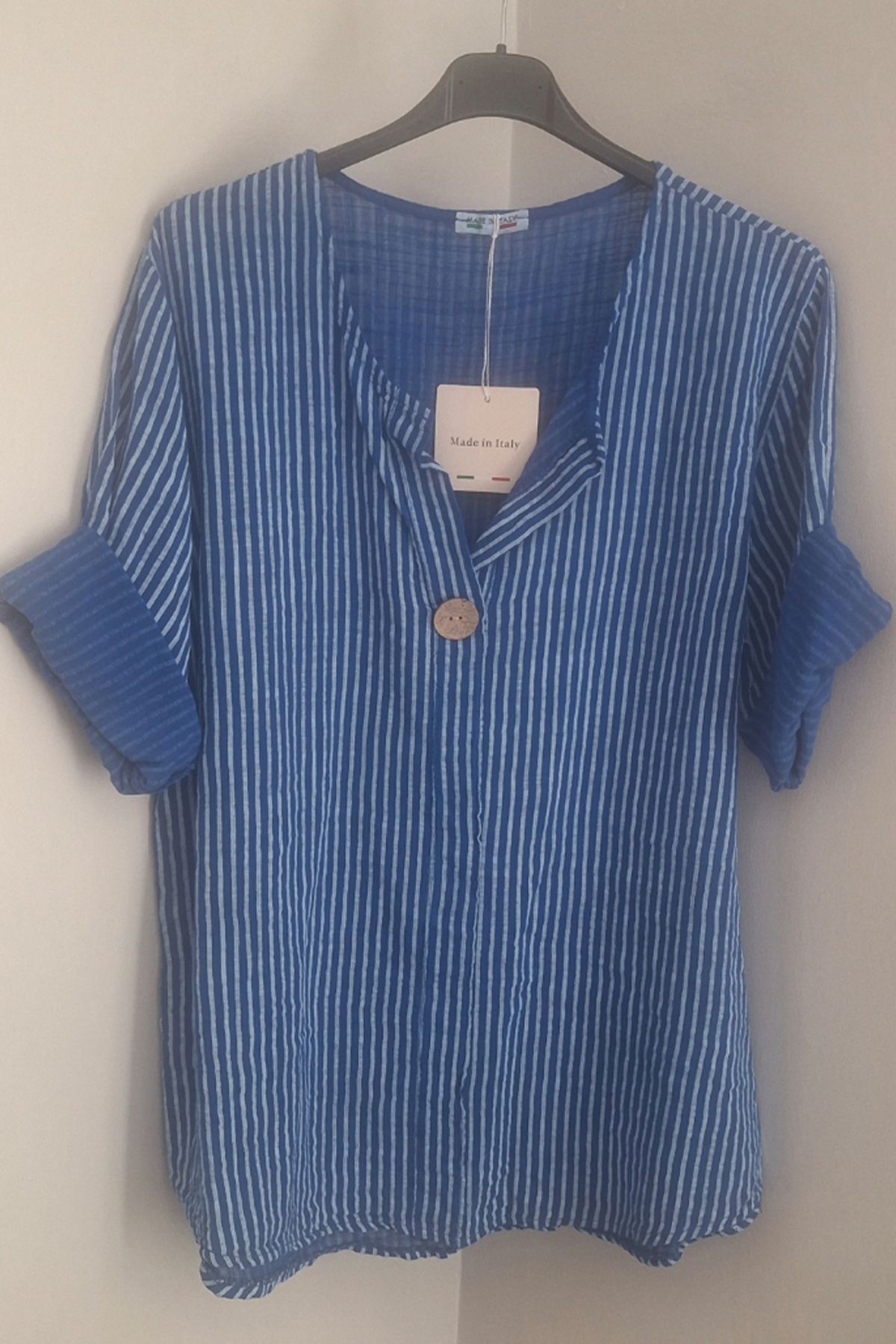 AYASOFYA OTANTIK Kadın Italyan Saks Mavi Çizgili 3/4 Kollu Oversize Salaş %100 Pamuk Bluz Tunik