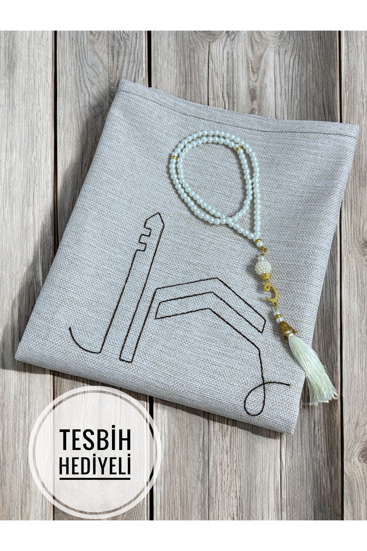 AYHANHOME Minimal Kabe Işlemeli Keten Seccade Namazlık Çeyizlik Hediyelik