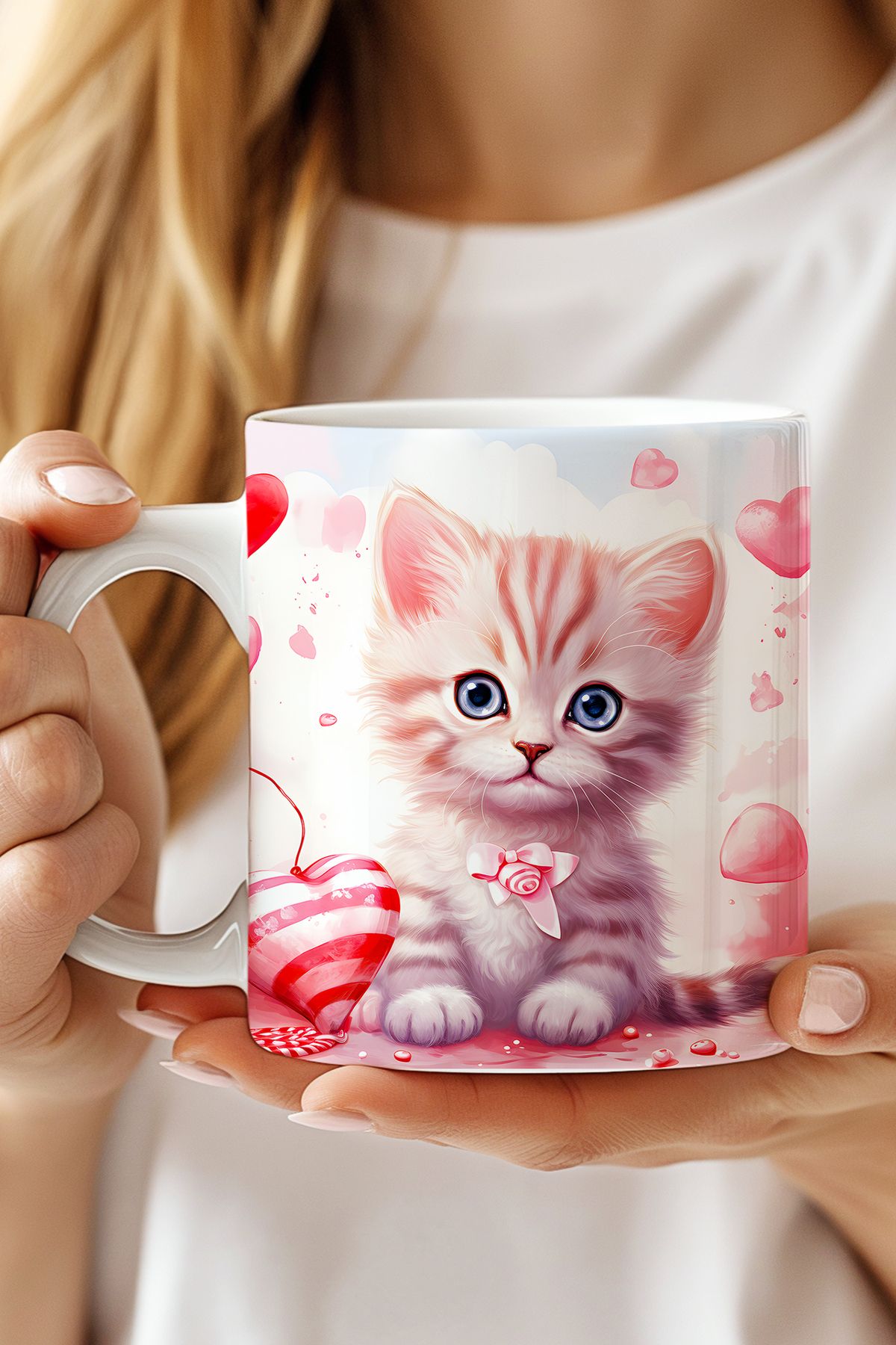 expreshediye 3D Kalpli Kedi Yavrusu Kupa Bardak