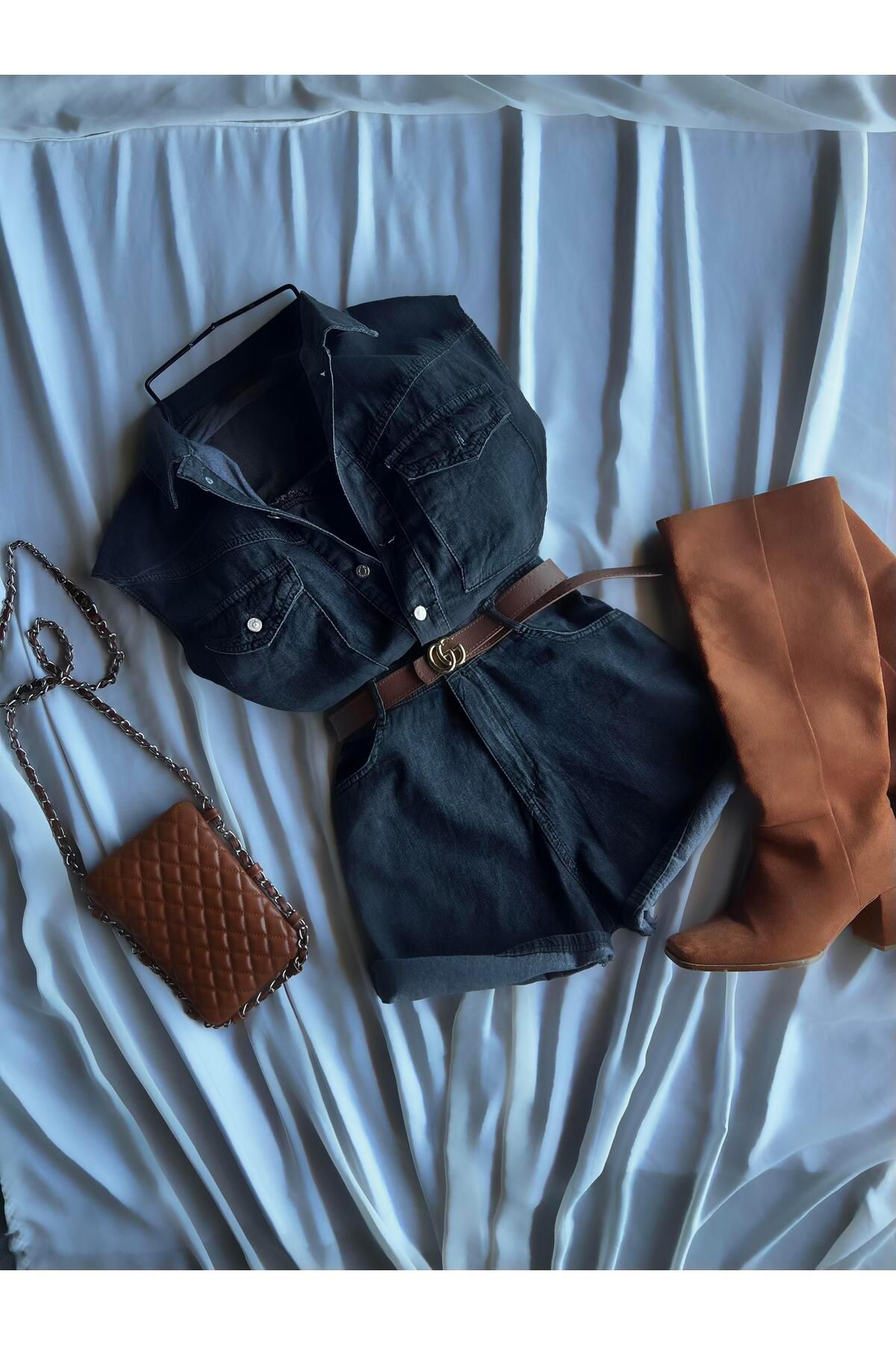 TamSeninTarzin Marine Sıfır Kol Cep Detaylı Denim Tulum
