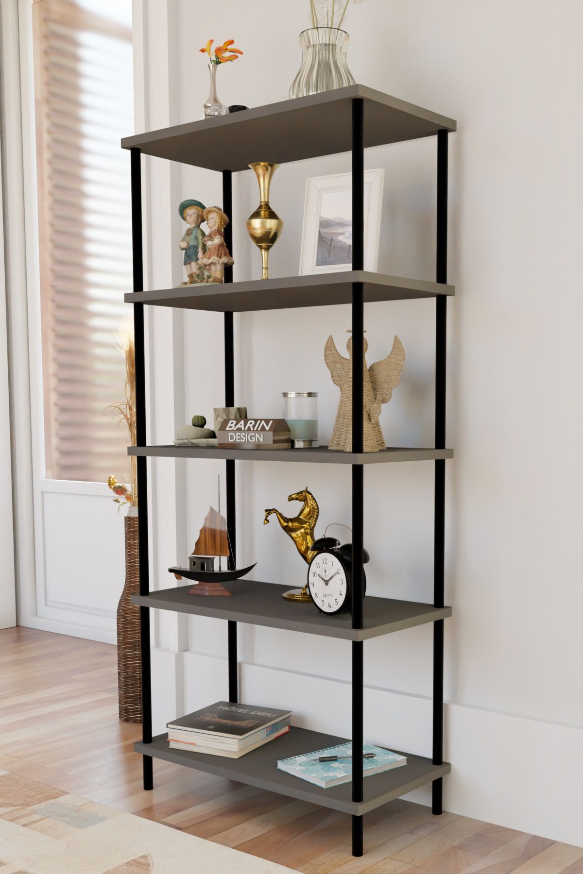 BARIN DESIGN 5 Raflı Modern Metal Gövdeli Kitaplık Çevir-Tak Kolay Kurulum Çalışma Odası, Salon, Ofis Kullanımı