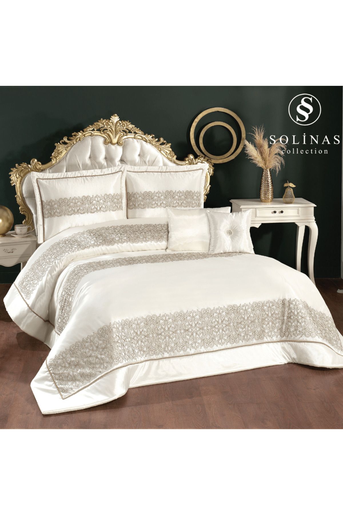 Solinas Collection Eleganza Saten Nakışlı Krem - Vizon Çift Kişilik Çeyizlik Yatak Örtüsü