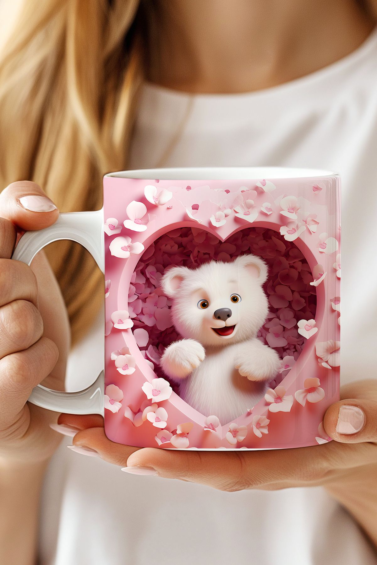 expreshediye Kalpli 3D Bardak, Sevgiliye Hediye, Peluş Ayı Teddy Bear Baskılı 3D Kupa Bardak