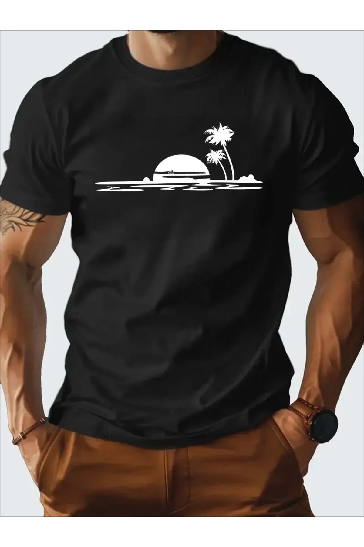 LUNAVISTA Island Baskılı Bisiklet Yaka Kısa Kol T-shirt