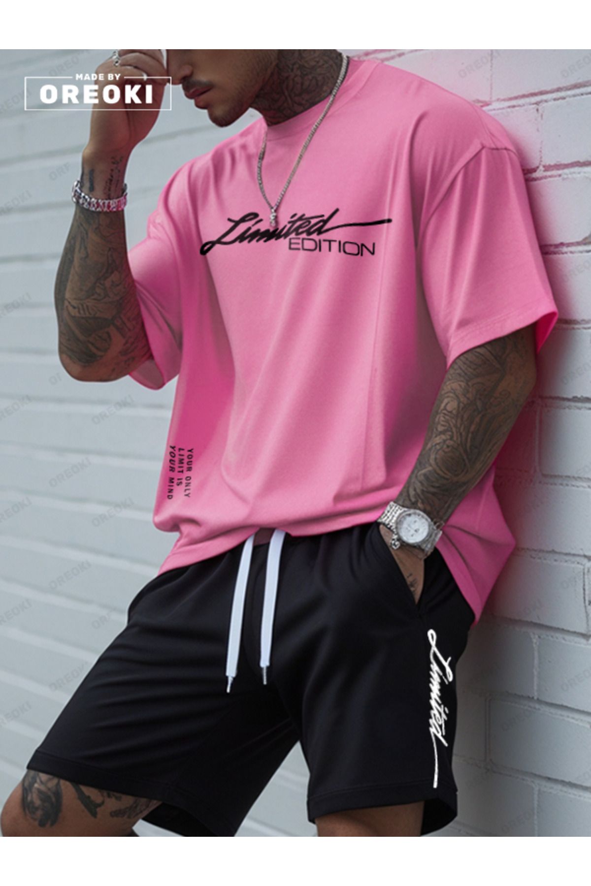 EFFRENATU Sınırlı Sayıda Baskılı Pamuklu Kumaş Erkek Pembe T-shirt-Siyah Şort Takım