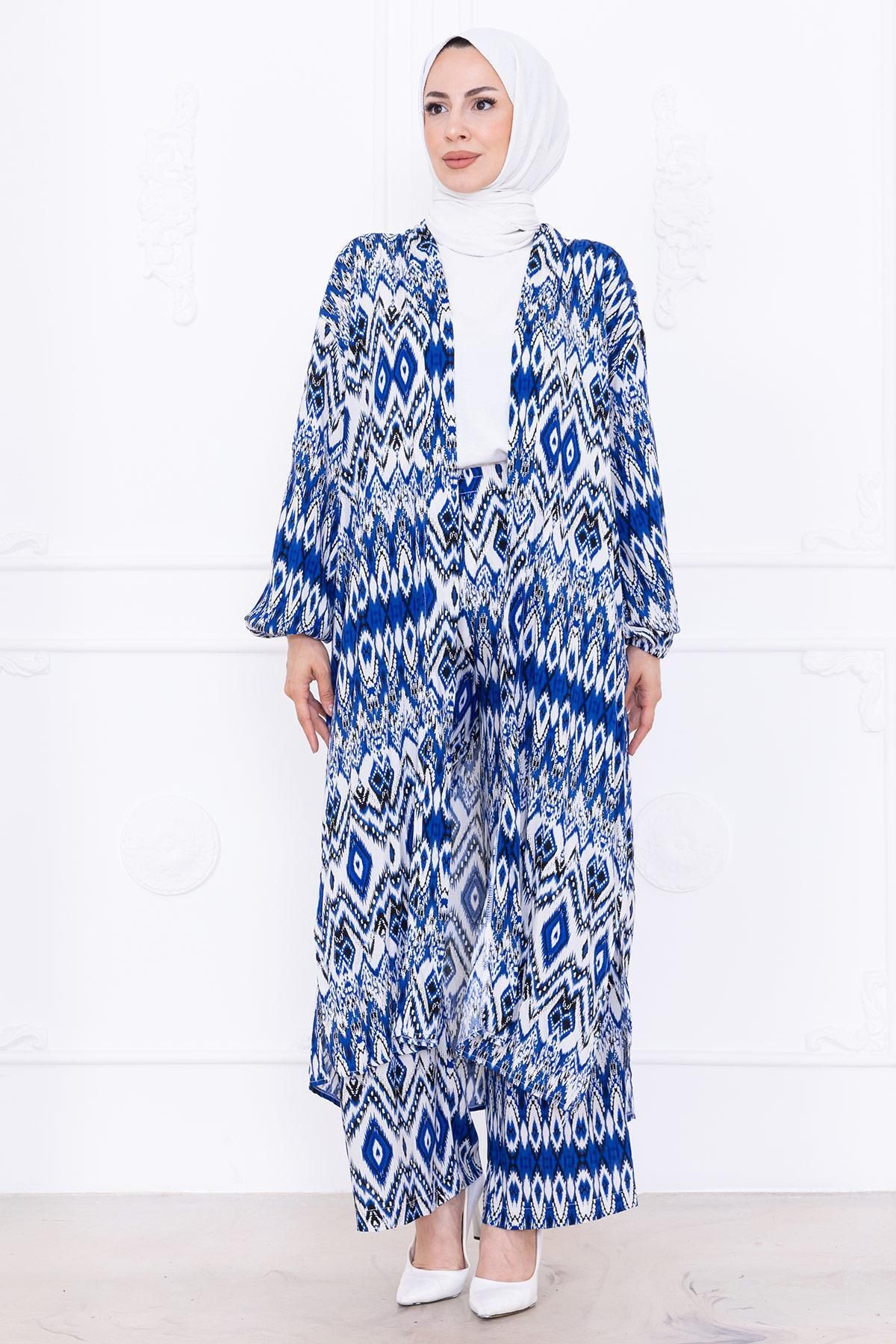 hafsamina Seva Desenli Viskon Kimono Takım Mavi HM2762