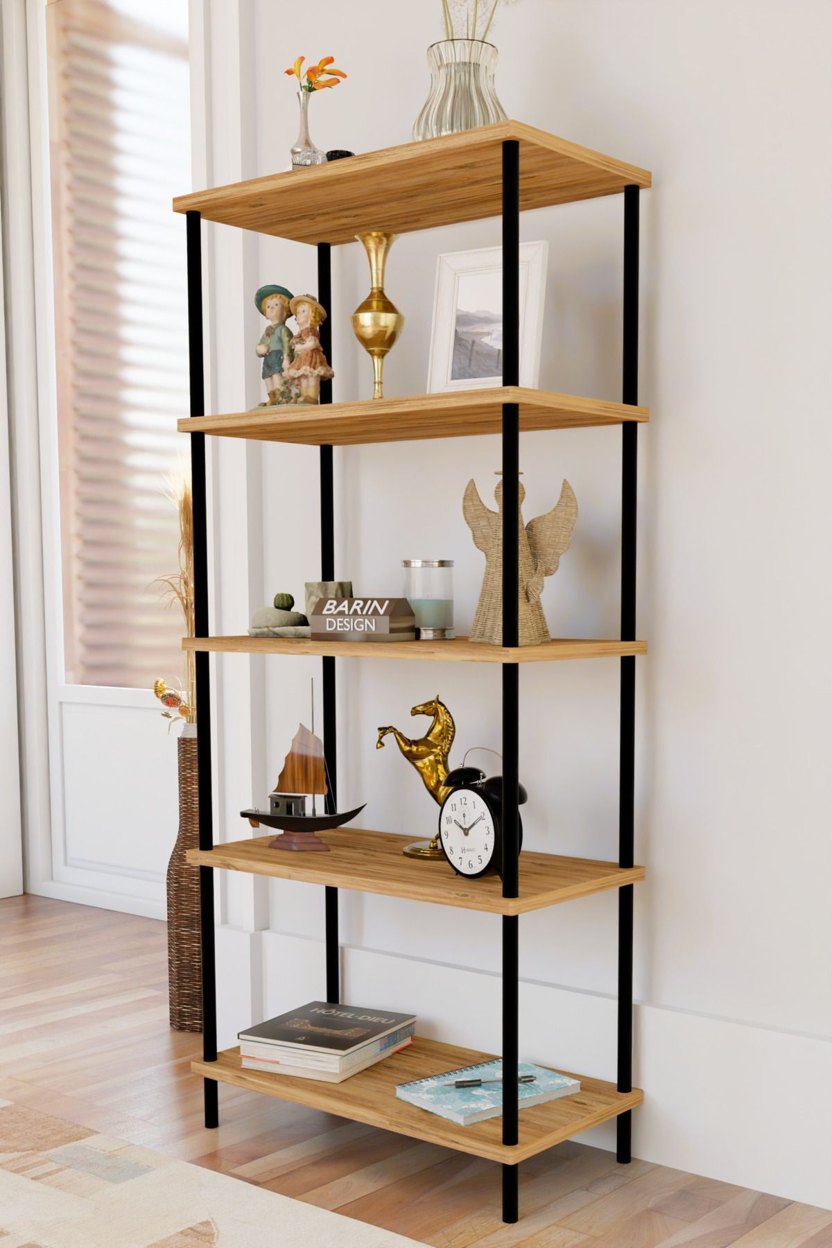 BARIN DESIGN 5 Raflı Modern Metal Gövdeli Kitaplık Çevir-Tak Kolay Kurulum Çalışma Odası, Salon, Ofis Kullanımı