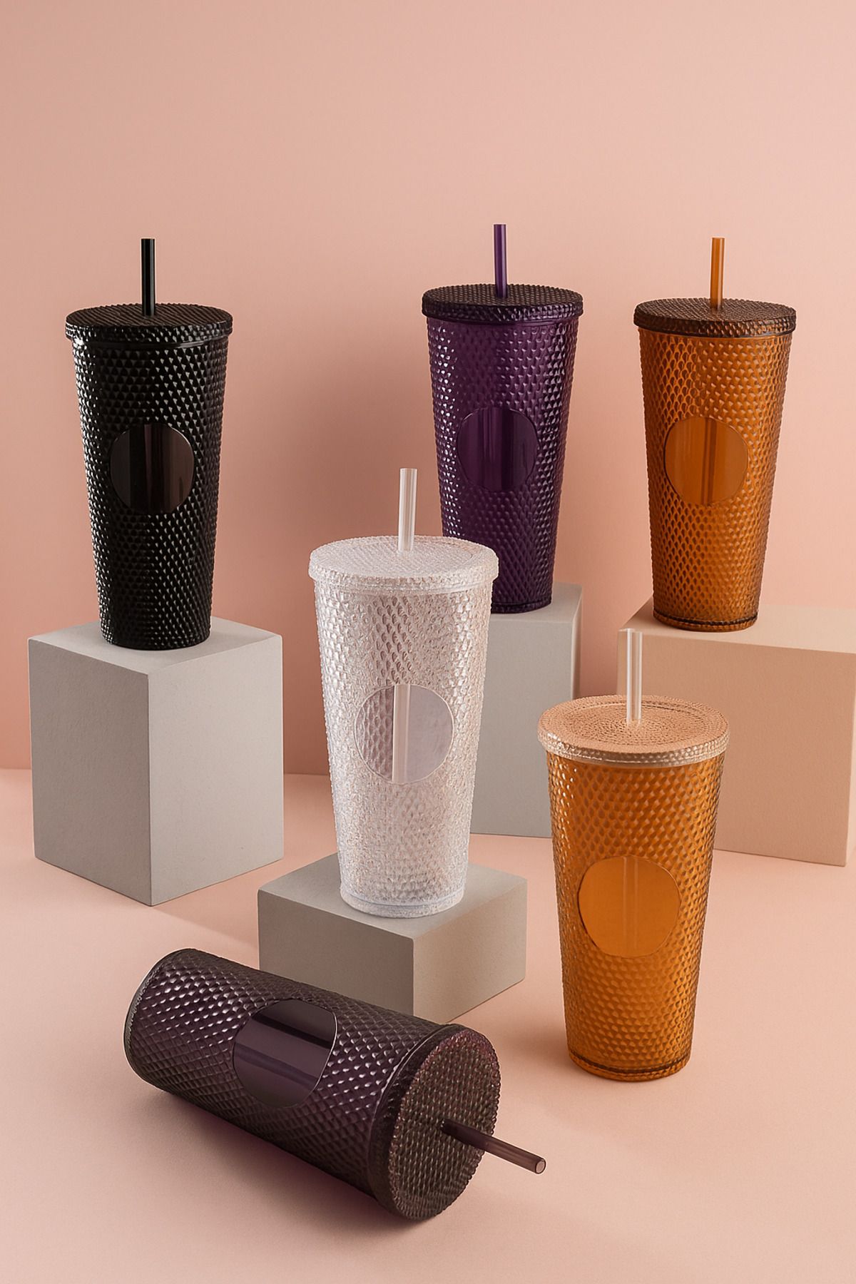 Poomy 750 ml Kapaklı Pipetli Şeffaf Renkli Kristal Desenli Bardak - Su Bitki Çayı İçecek Bardağı