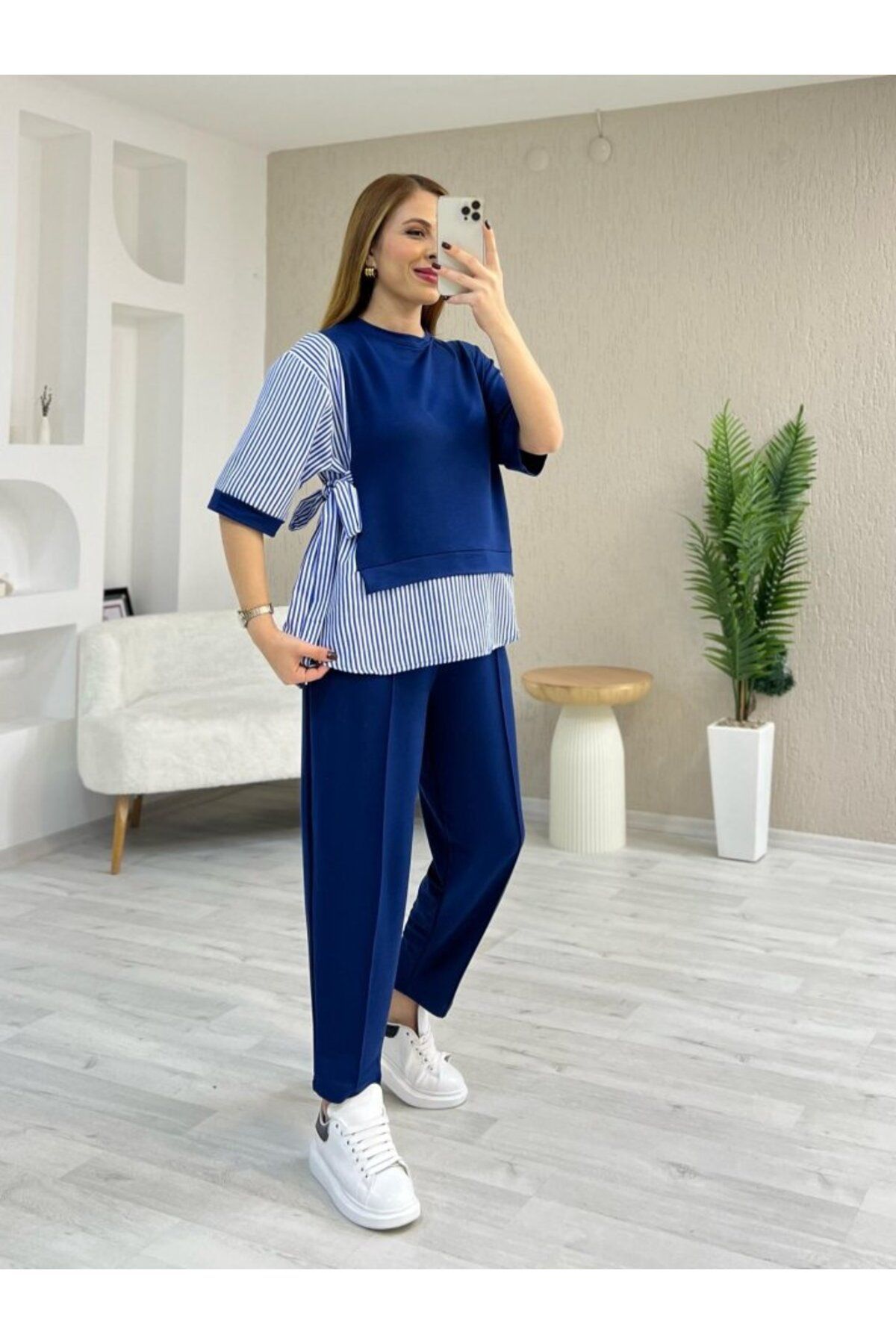 velmorafashion Kadın Kristal 2 Iplik Kumaş Yanları çizgili Takım