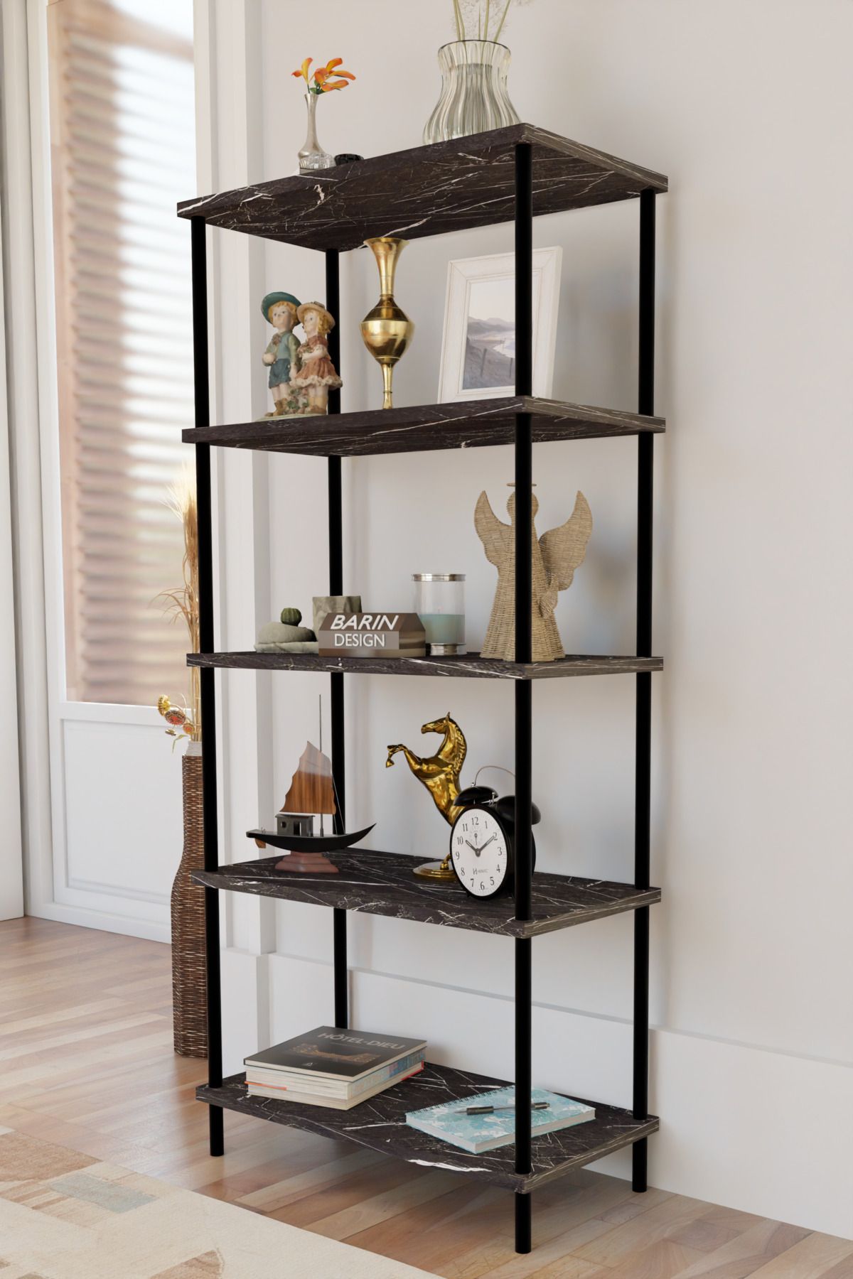 BARIN DESIGN 5 Raflı Modern Metal Gövdeli Kitaplık Çevir-Tak Kolay Kurulum Çalışma Odası, Salon, Ofis Kullanımı