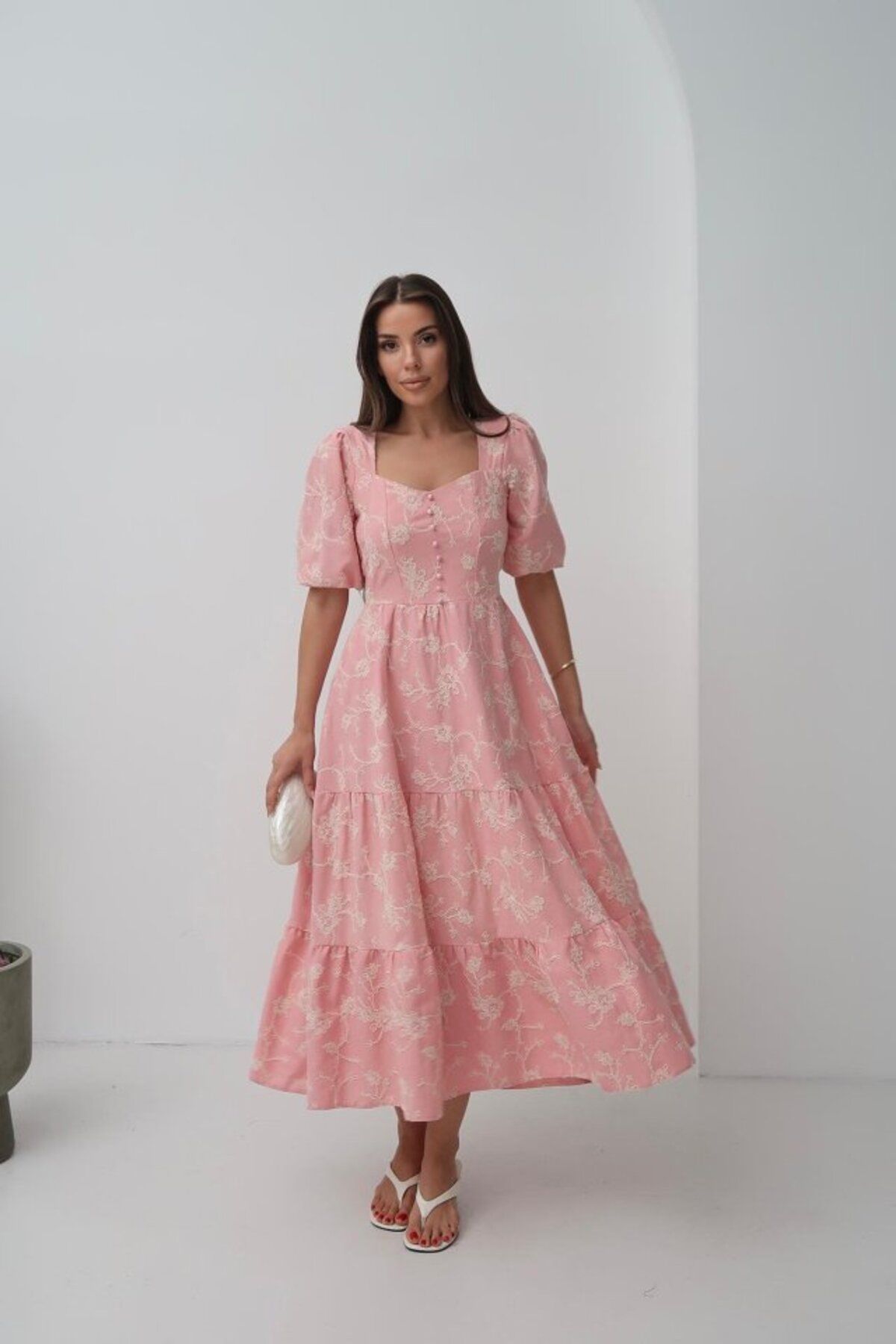 velmorafashion Pembe Süs Düğmeli Balon Kollu Elbise