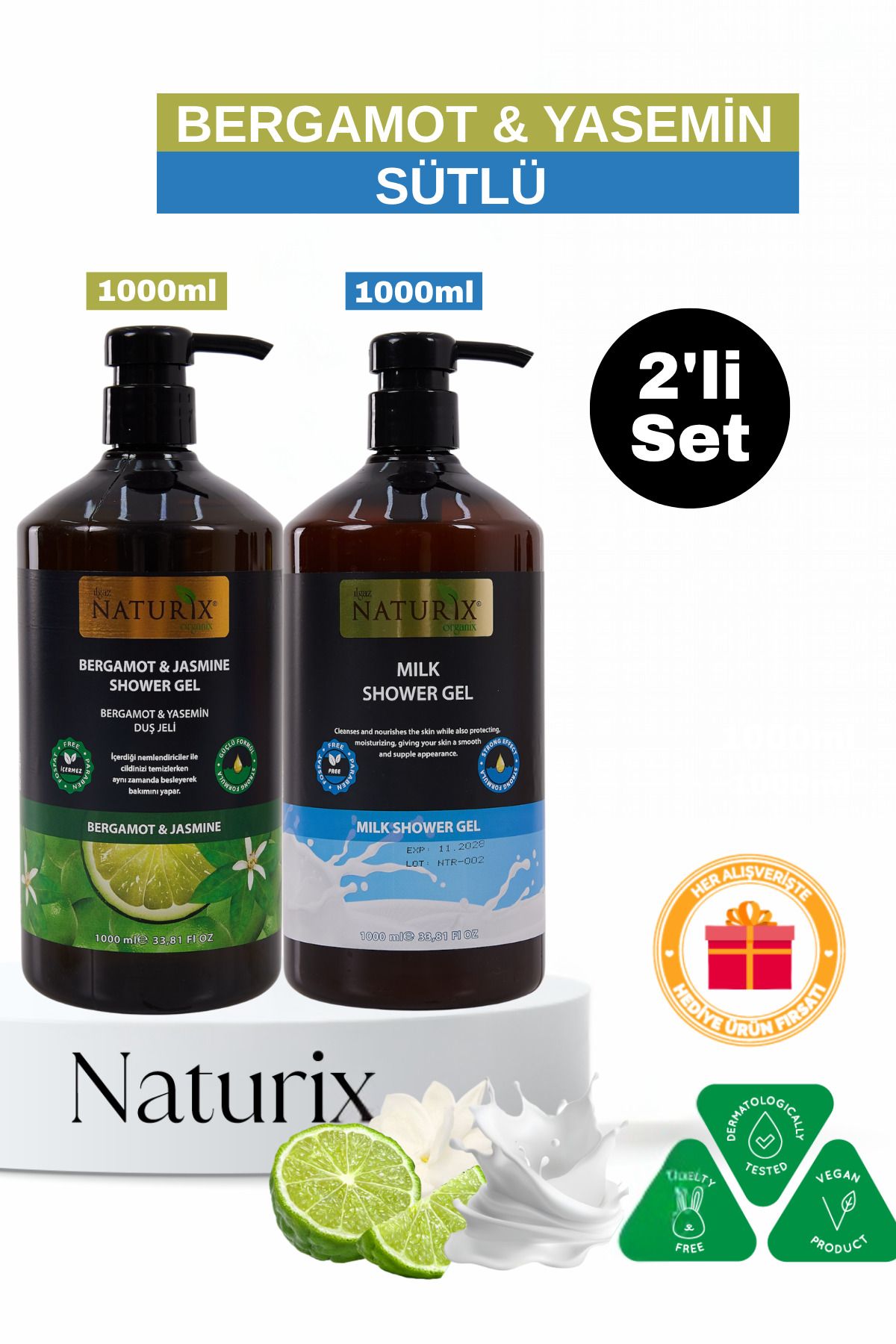 Naturix Bergamot Yasemin & Sütlü Duş Jeli 2'li Set Nemlendirici ve Ferahlatıcı Bakım - 2x1000ml