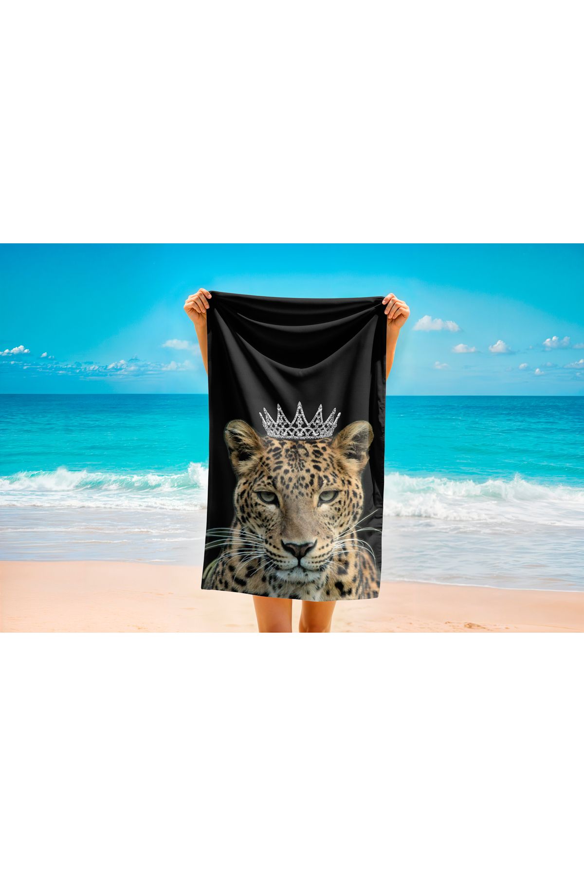 OZG DESİGN TAÇLI LEOPAR PLAJ HAVLUSU