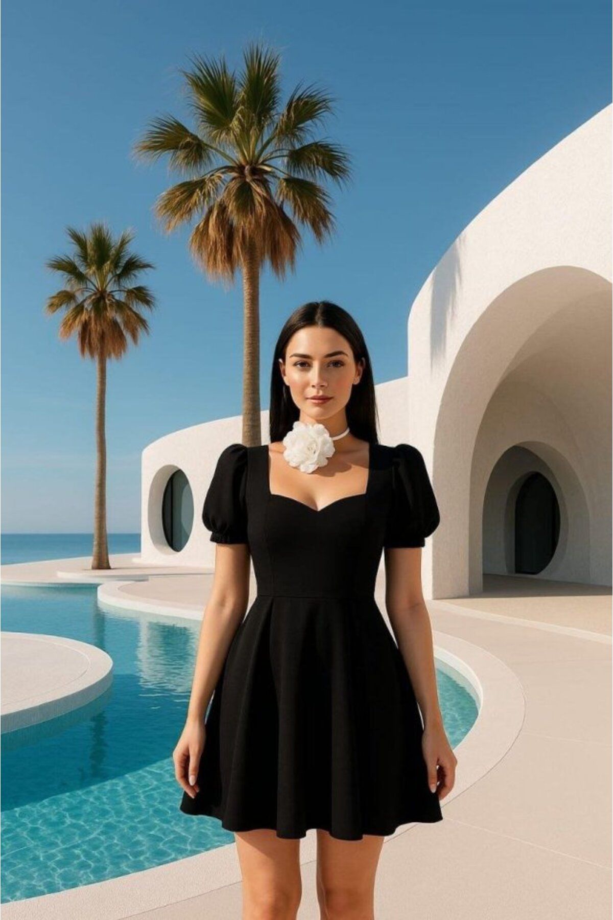 velmorafashion Kadın Dalgıç Kumaş Kalp Yaka Elbise
