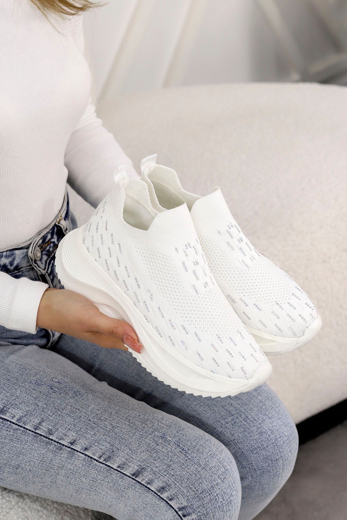 Mamito Ayakkabı DM 707 Taş Detaylı Triko Spor Ayakkabı