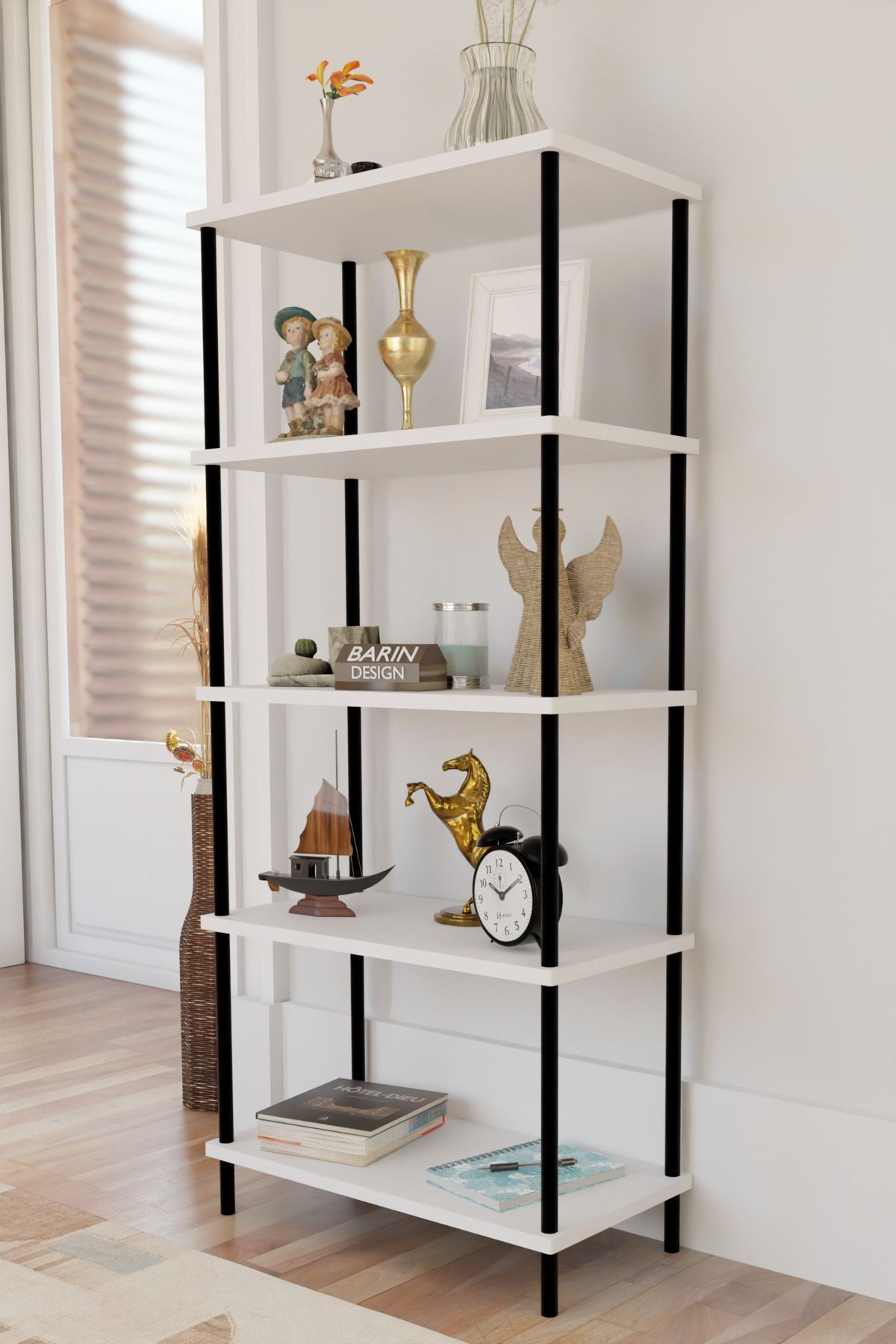 BARIN DESIGN 5 Raflı Modern Metal Gövdeli Kitaplık Çevir-Tak Kolay Kurulum Çalışma Odası, Salon, Ofis Kullanımı