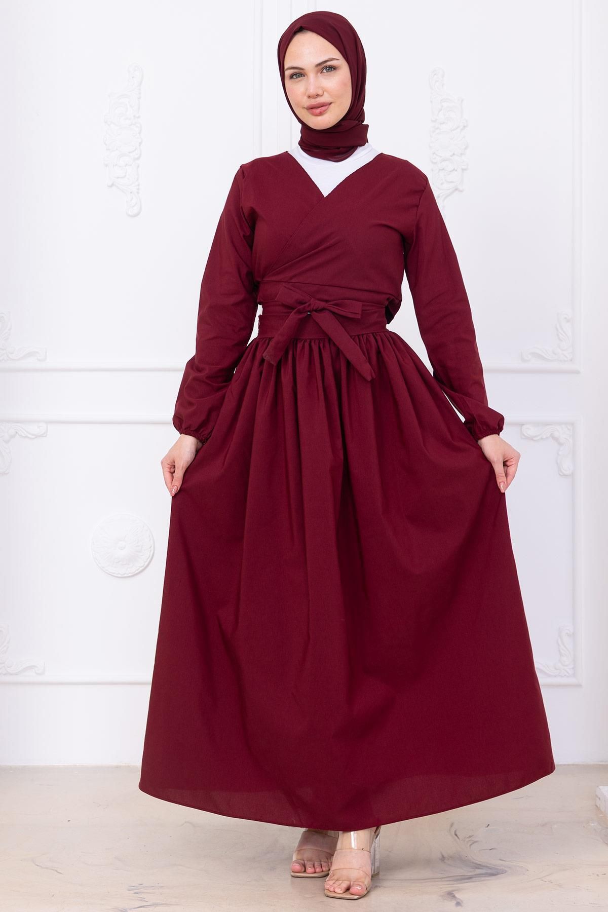 hafsamina Bağlamalı Etekli Takım Bordo HM2752