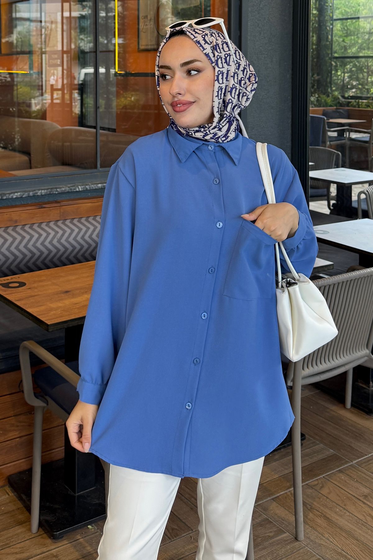 Tesettür Diyarı Kadın Linda Kumaş Cep Detaylı Tesettür Gömlek - Mavi