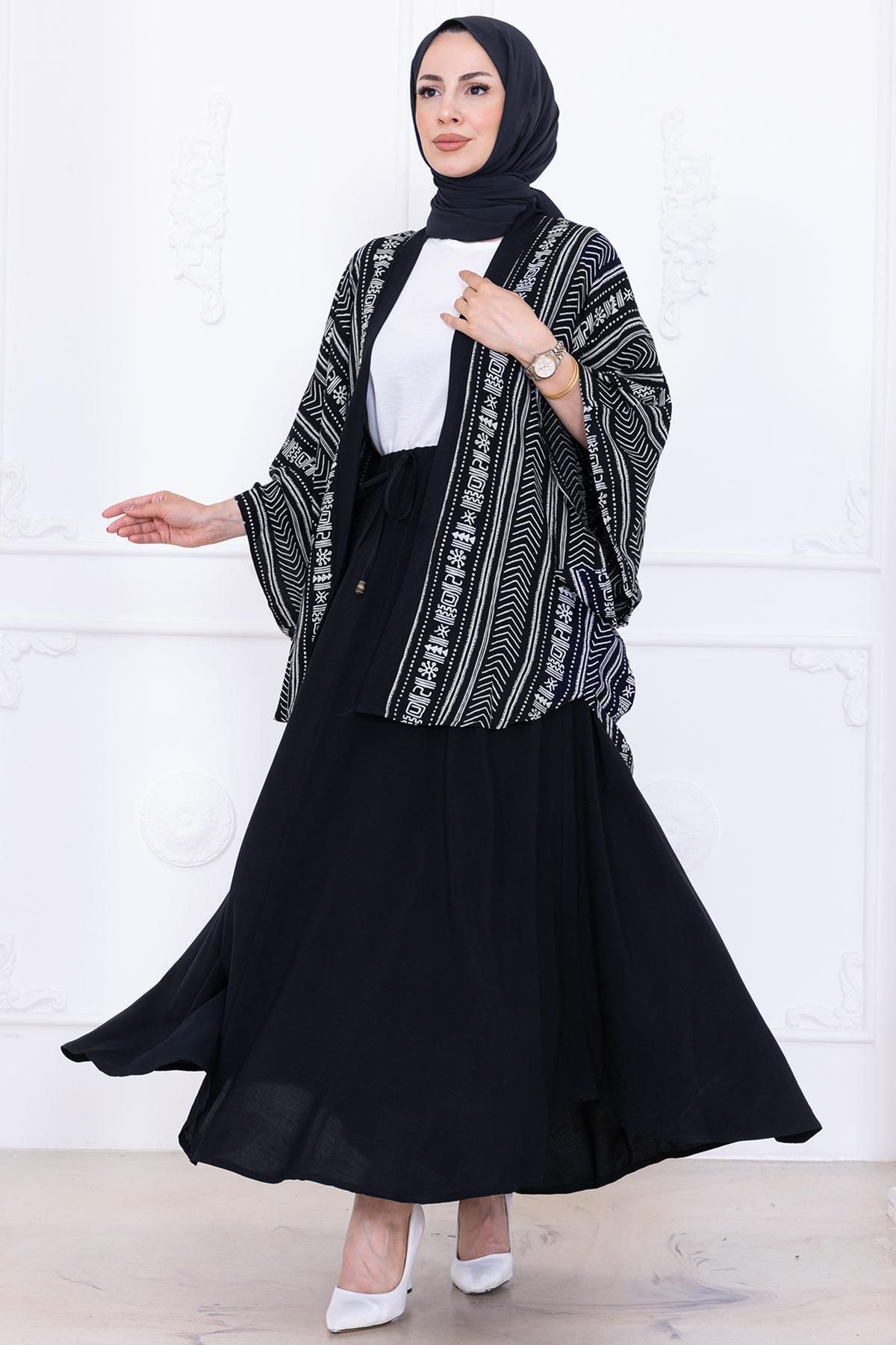 hafsamina Desenli Etekli Kimono Takım Siyah HM2766