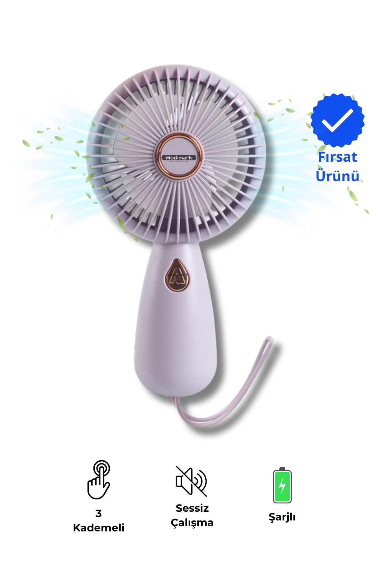Wodimark Güçlü Pervaneli Renkli Şarjlı Mini El Fanı Işıklı Taşınabilir Şarjlı Taşıma Ipli Mini Vantilatör