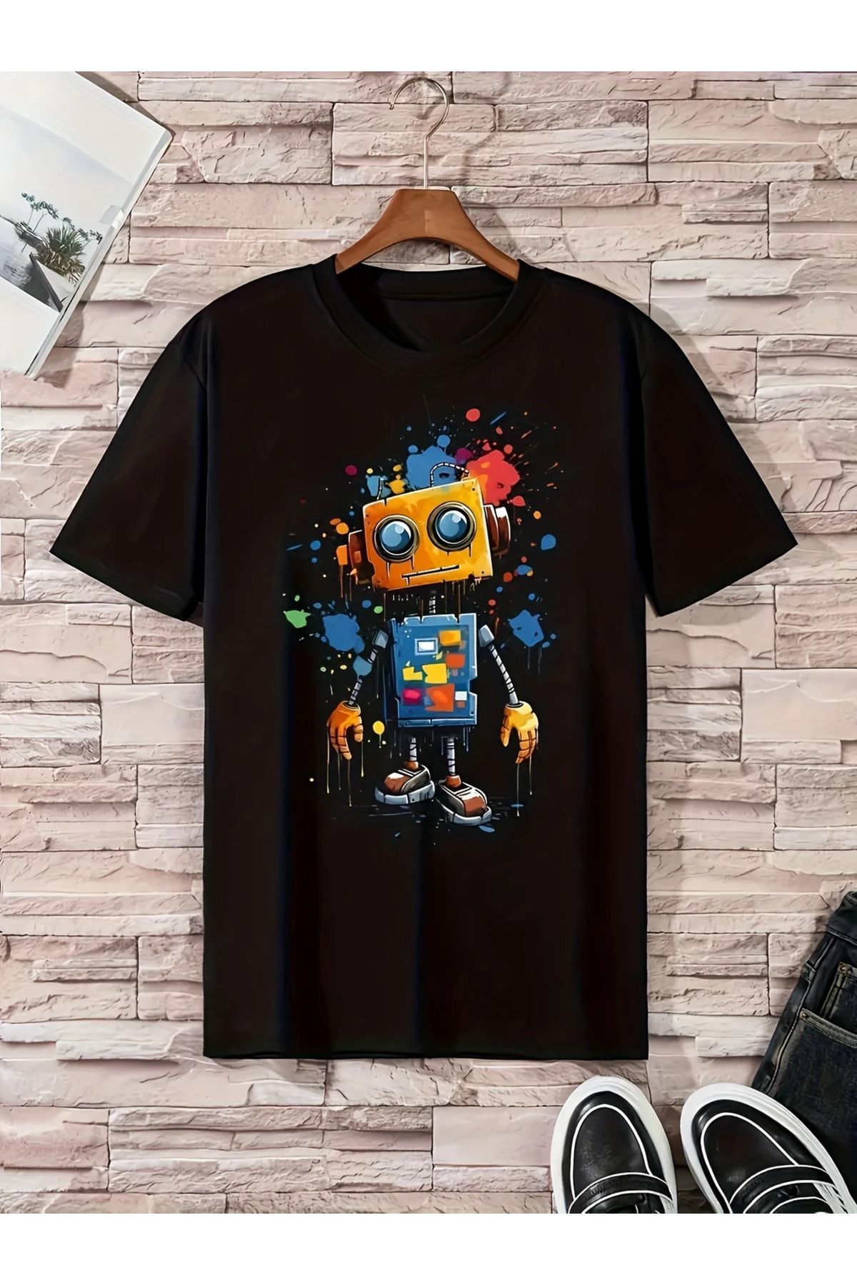 aynewmoda Erkek Bol Pamuklu Tişört - Yazlık Rahat Kısa Kollu Yuvarlak Yaka Karikatür Baskılı