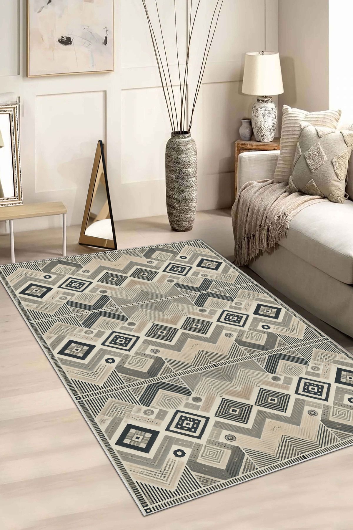 Hülya Home Salon Halısı Geometrik İskandinav Eskitmeli Dijital Baskı Yıkanabilir Kaymaz Taban 9037SALONHULYA