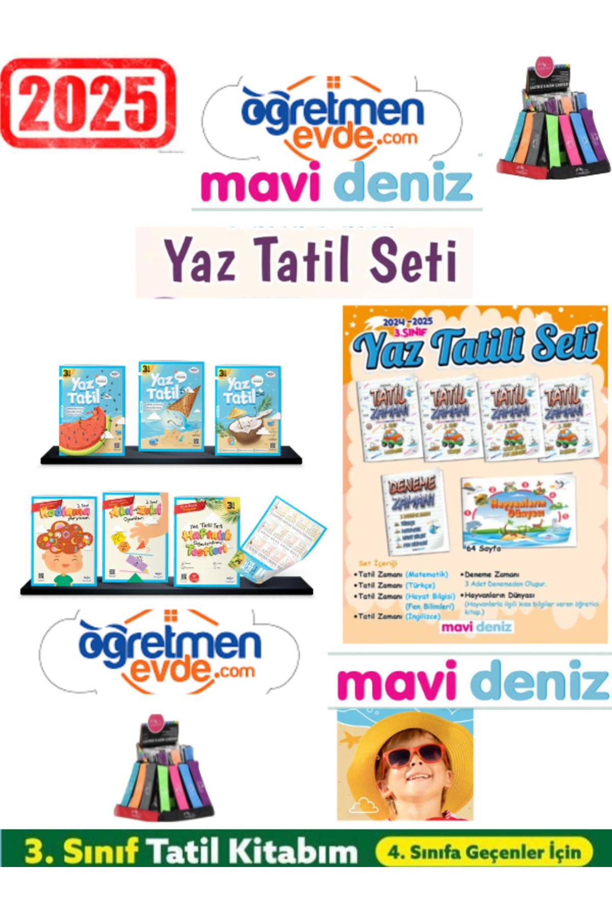Fenomen Yayıncılık Öğretmen Evde 2025 3.Sınıf 18 Parça Yaz Tatil+Mavideniz 3.Sınıf Yaz Tatil 12 Kitap+Kalemlik