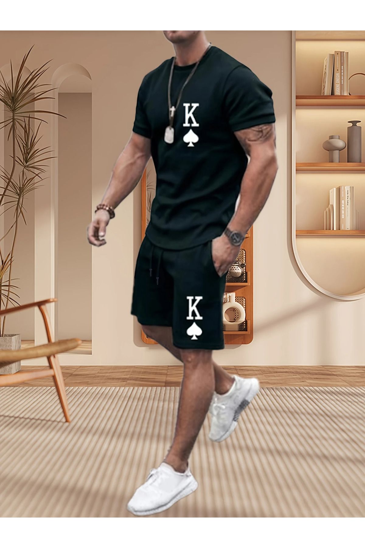 aynewmoda Erkek tişört ve şort takımı, yuvarlak yaka, kısa kollu, tatil için uygun,