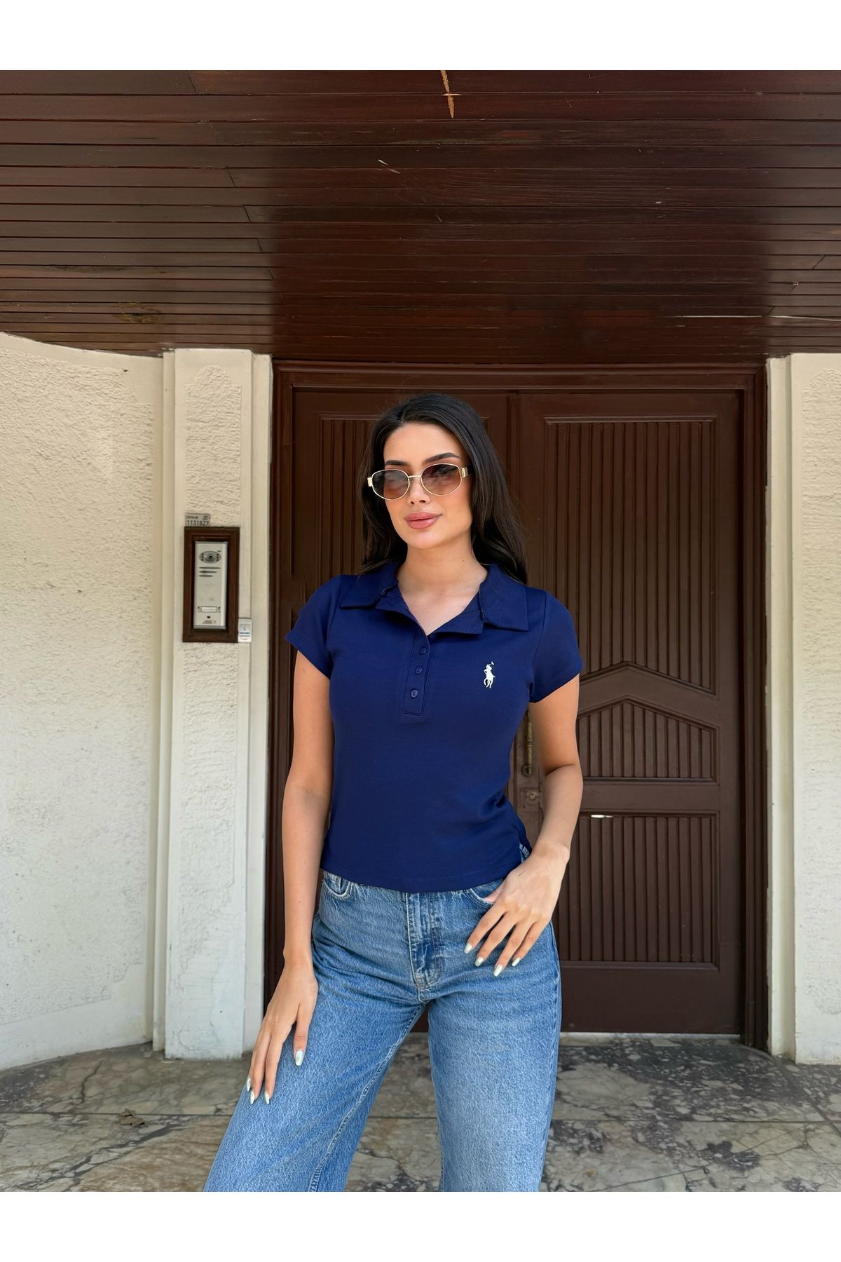 LE CARAMBOLE Kadın Lacivert Yarım Düğmeli Polo Yaka T-Shirt