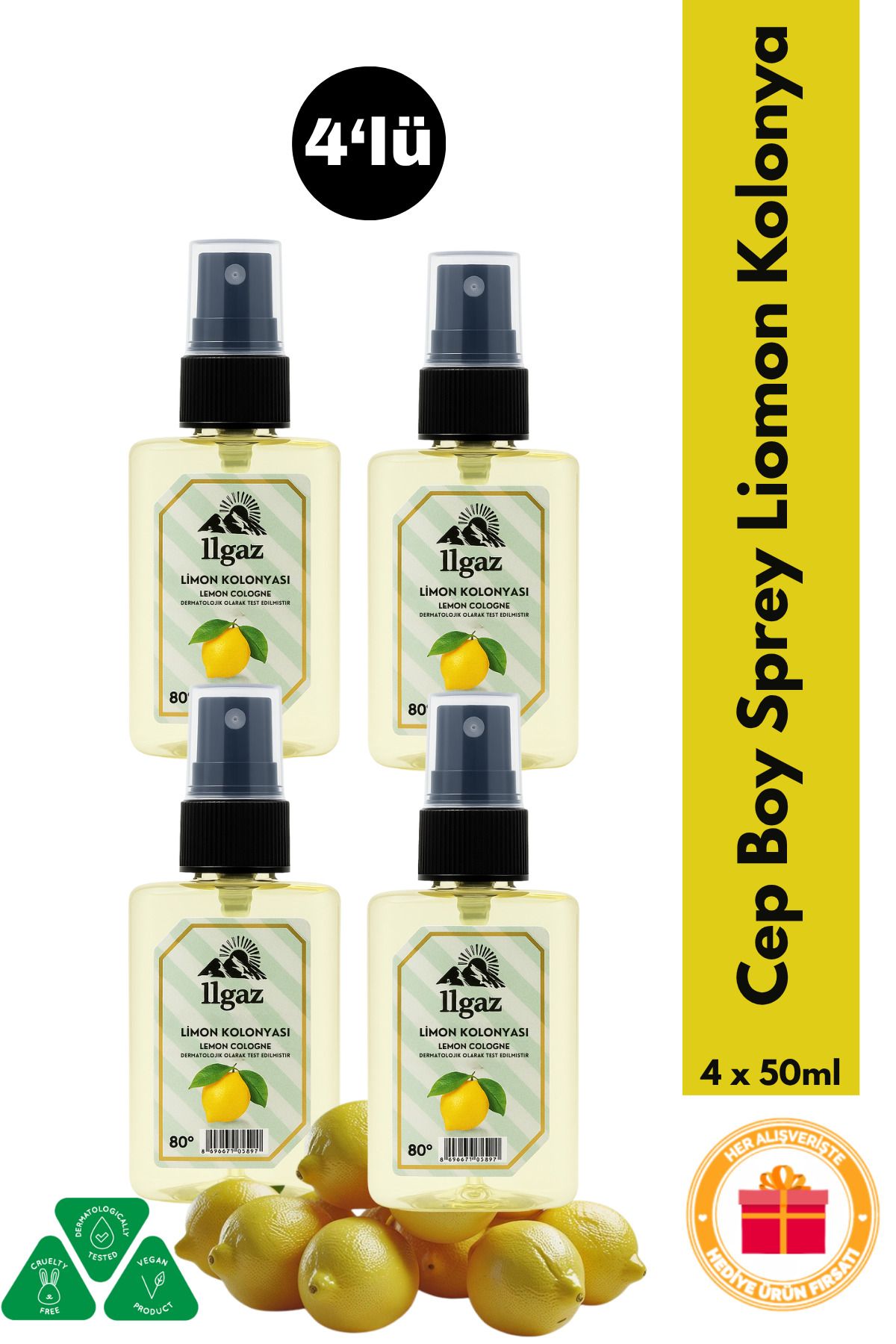 ILGAZ Limon Kolonyası Cep Boy Sprey Kolonya Elegance Series 4'lü Eko Paket - 4x50 ml