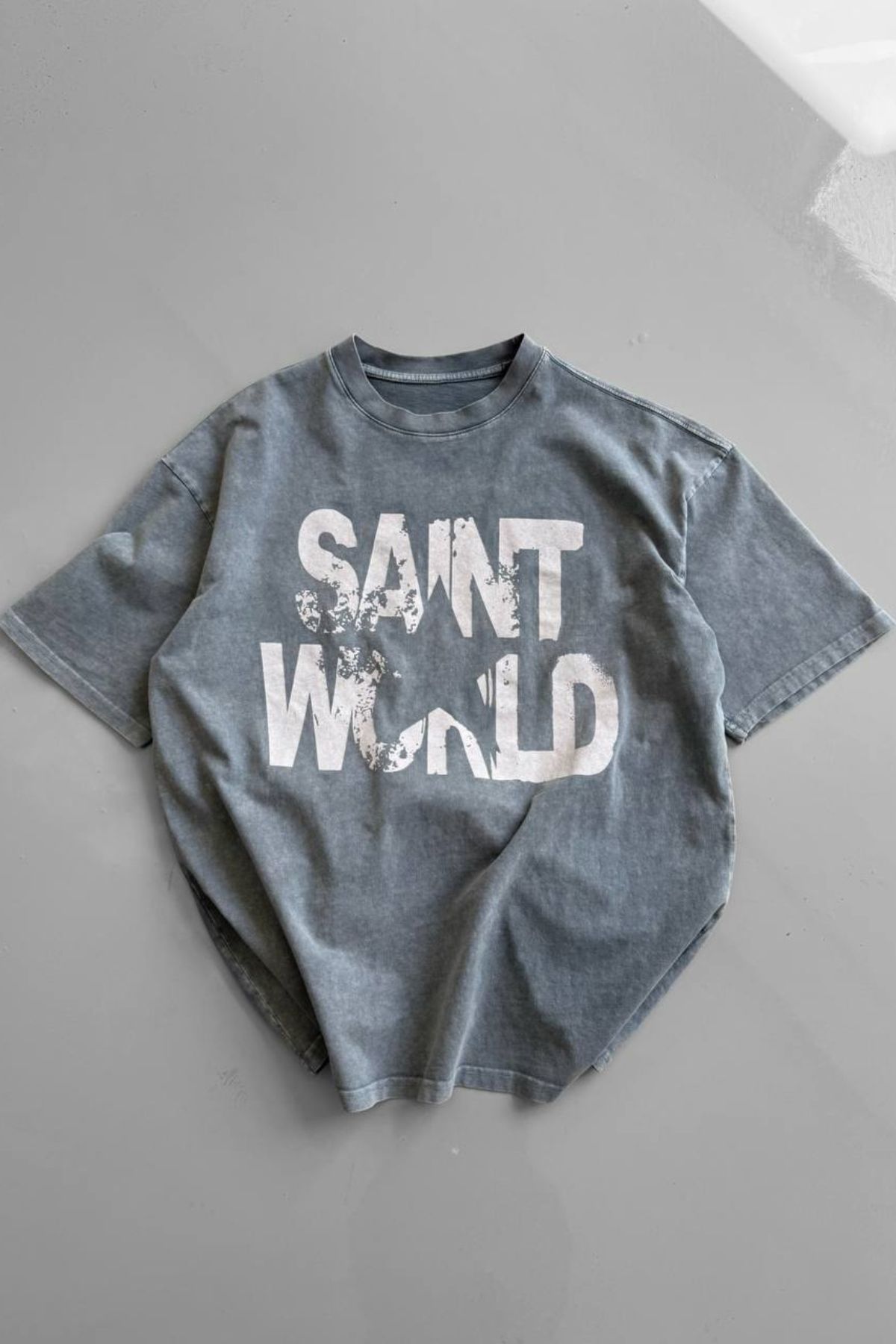 Chirkef Unisex Gri Oversize 100% Pamuk Premium Kumaş Sırt Baskılı Bisiklet Yaka Sokak Stili T-Shirt Saint