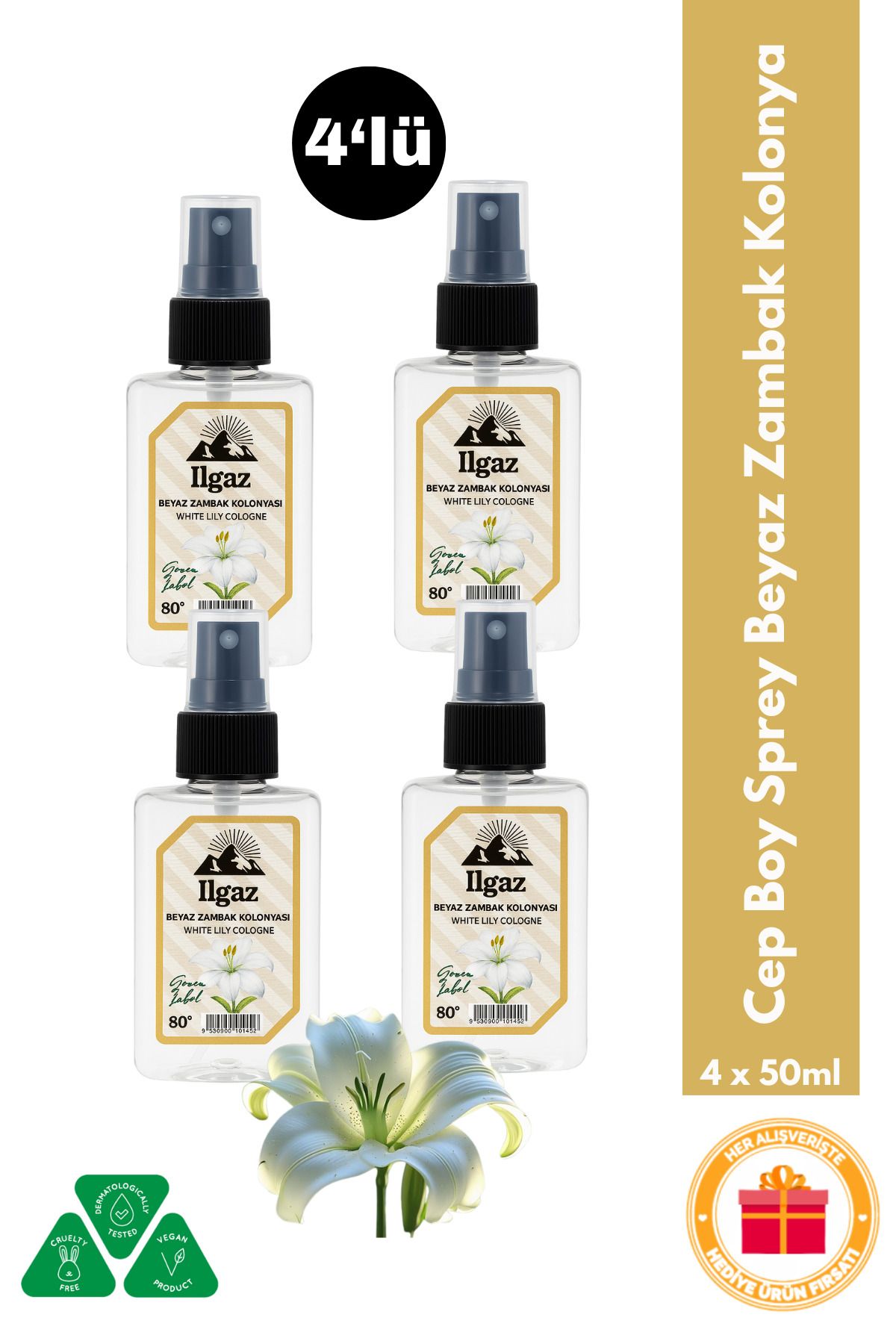 ILGAZ Beyaz Zambak Sprey Kolonya Cep Boy Elegance Series 4'lü Eko Paket - 4x50 ml