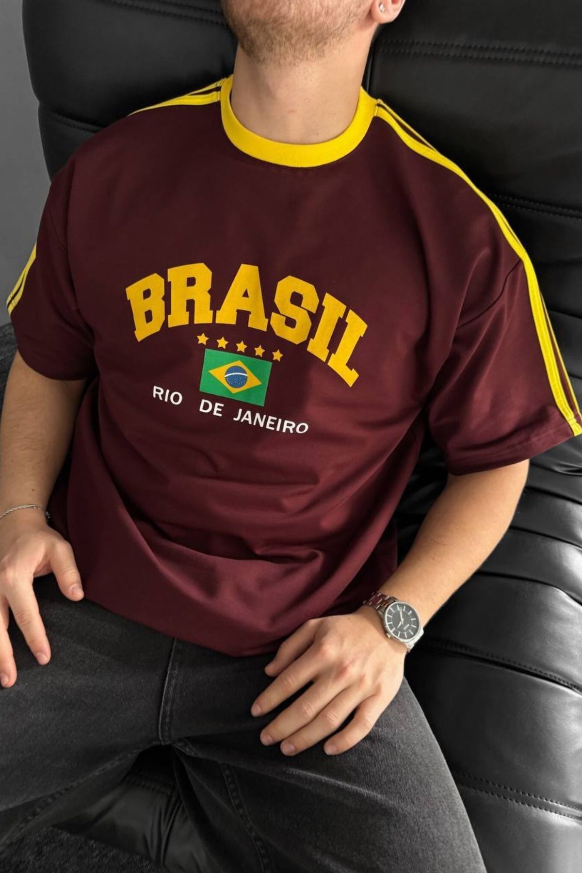Chirkef Unisex Oversize 100% Pamuk Premium Kumaş Baskılı Bisiklet Yaka Sokak Stili T-Shirt Futbol Brezilya