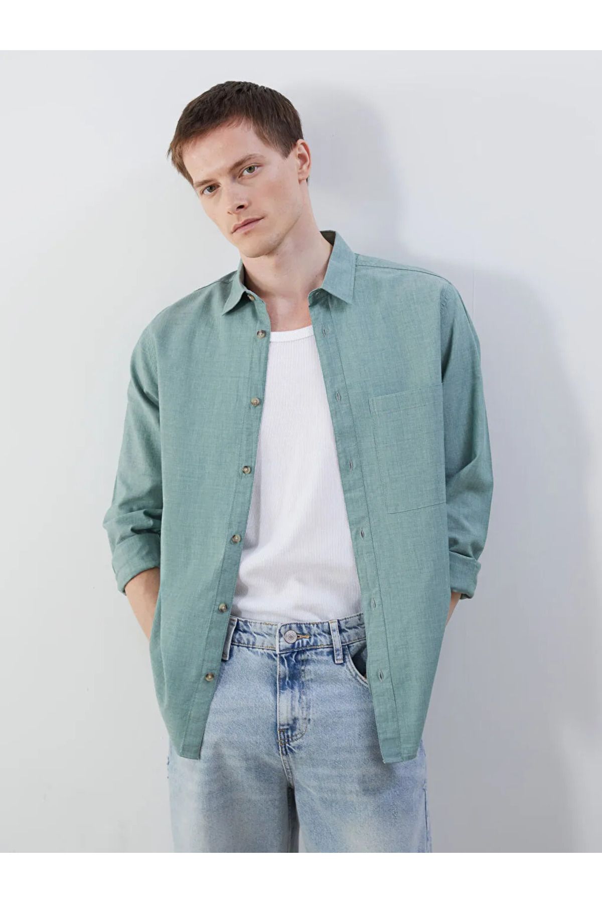 LC Waikiki LCW Jeans Yeşil Rahat Kalıp Uzun Kollu Erkek Jean Gömlek