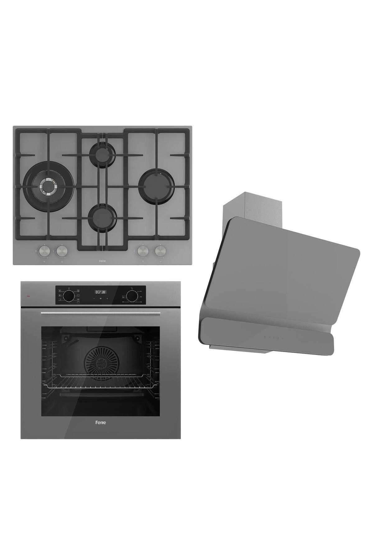 Ferre FLOWART Serisi Gri Set (ED078 + QBL63CPR +D082 ) - Döküm Izgara / 67 cm Ocak