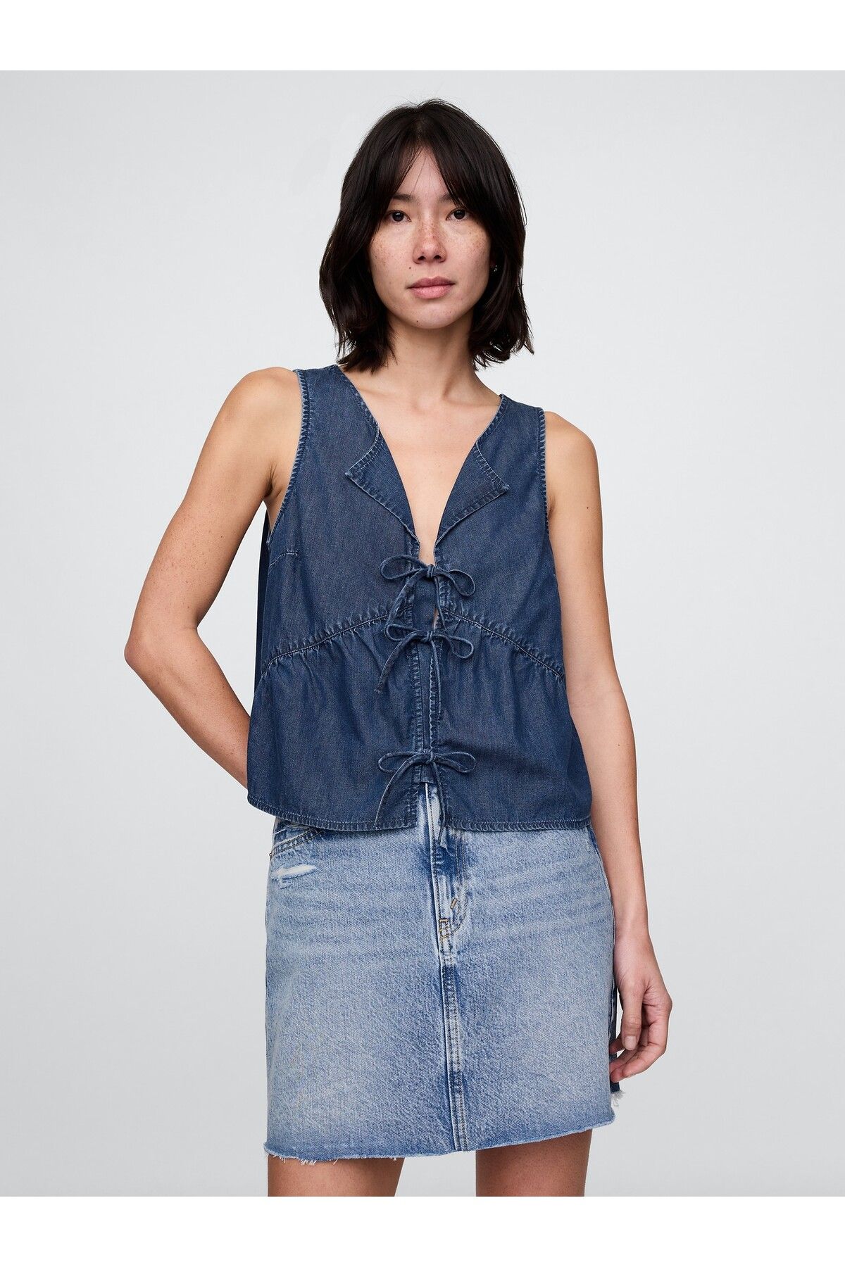 GAP Kadın Lacivert UltraSoft Denim Bağcıklı Bluz